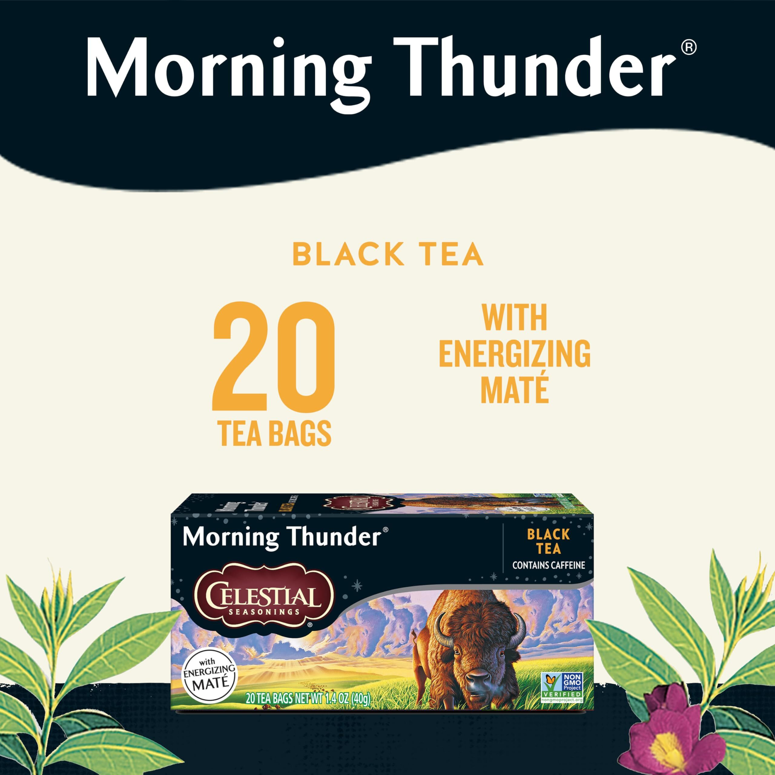 Celestial Seasonings Morning Thunder Black Tea, Caffeinated, 20 Tea Bags Box, (Pack Of 6)