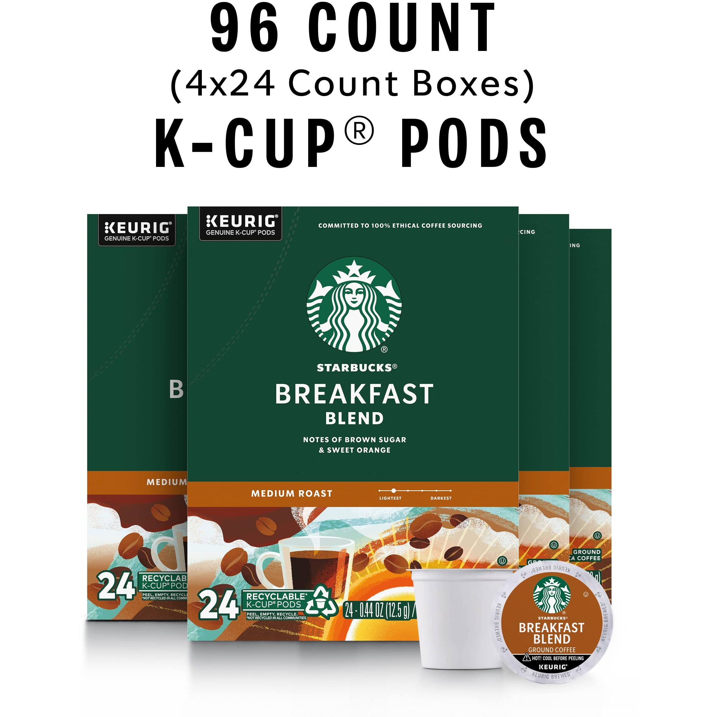 Starbucks K-Cup Coffee Pods-Medium Roast Coffee-Breakfast Blend-100% Arabica-4 Boxes (96 Pods Total)