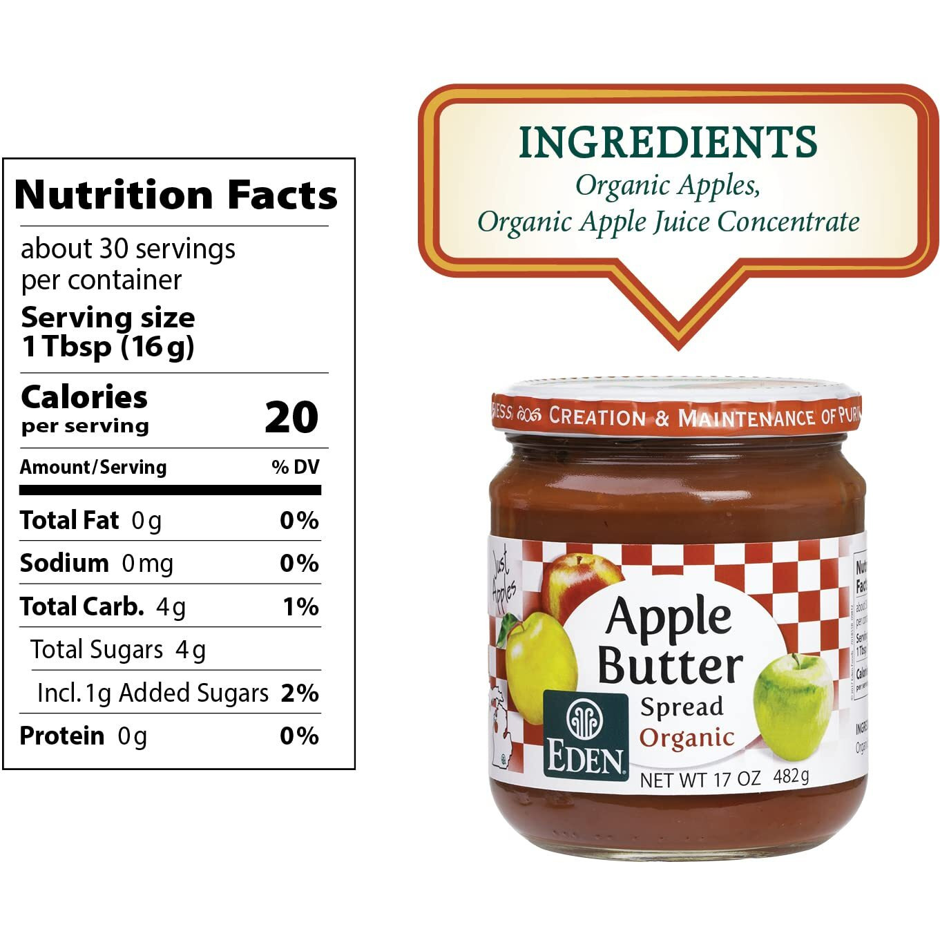 Eden Organic Apple Butter Spread, No Sugar Added, Great Lakes Apples, Slow Kettle Simmered, 17 Oz Glass Jar
