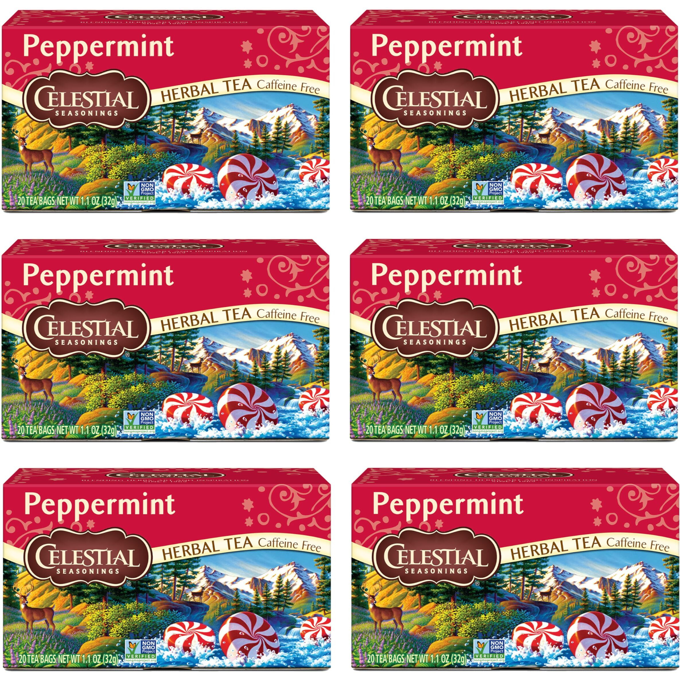Celestial Seasonings Peppermint Herbal Tea, Caffeine Free, 20 Tea Bags Box, (Pack Of 6)