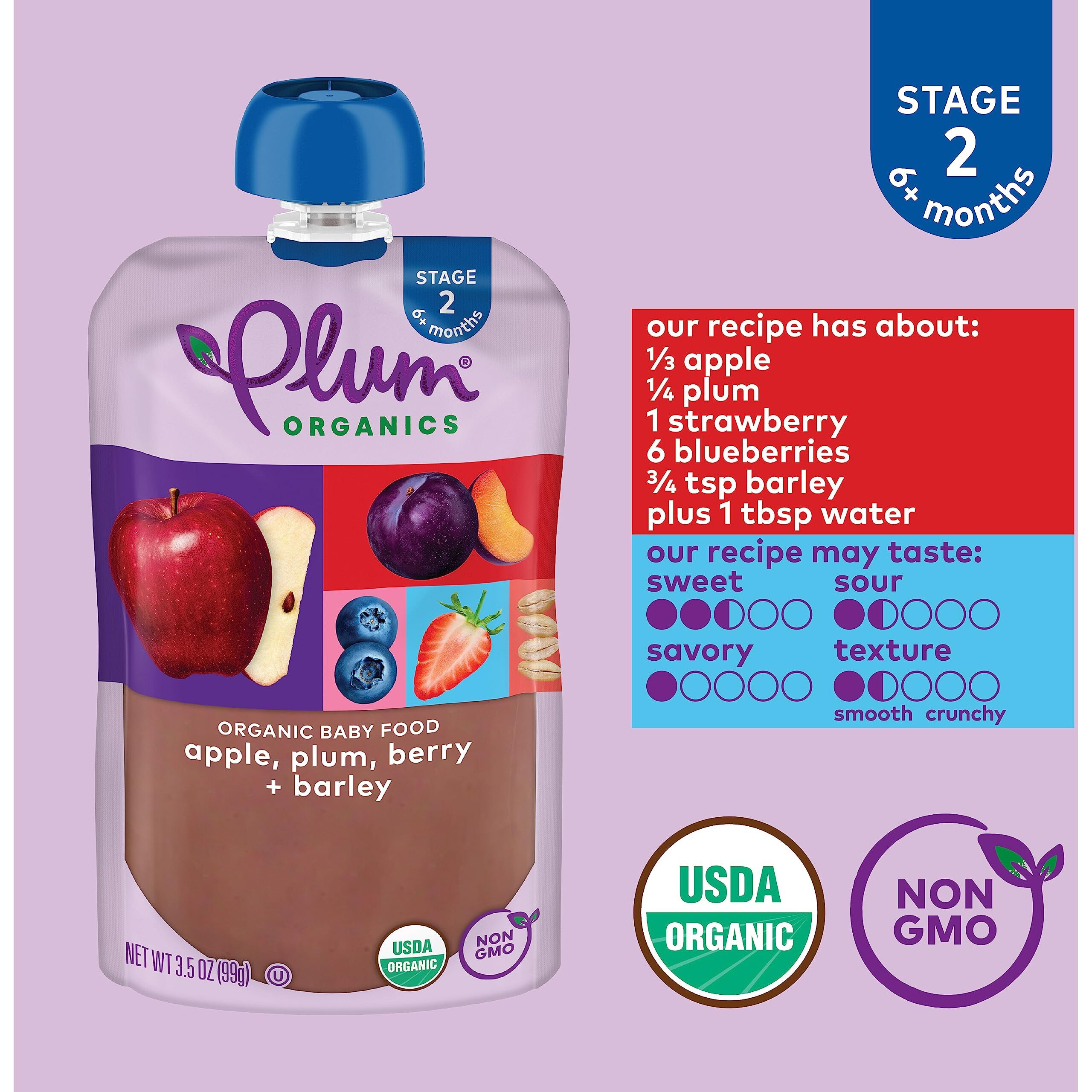 Plum Organics Stage 2 Organic Baby Food - Apple, Plum, Berry, And Barley - 3.5 Oz Pouch (Pack Of 12) - Organic Fruit And Vegetable Baby Food Pouch