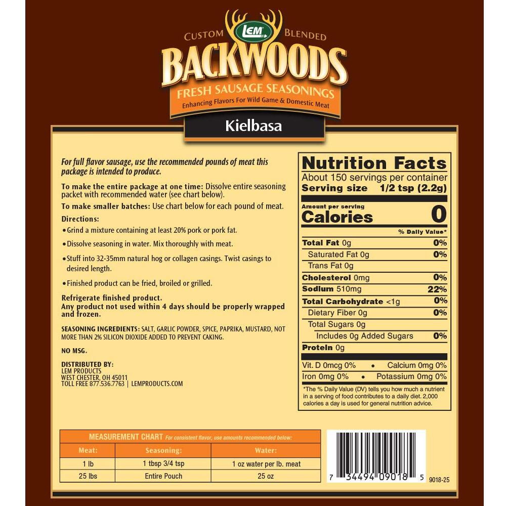 Lem Products Backwoods Kielbasa Fresh Sausage Seasoning, Ideal For Wild Game And Domestic Meat, Seasons Up To 25 Pounds Of Meat, 11.8 Ounce Packet
