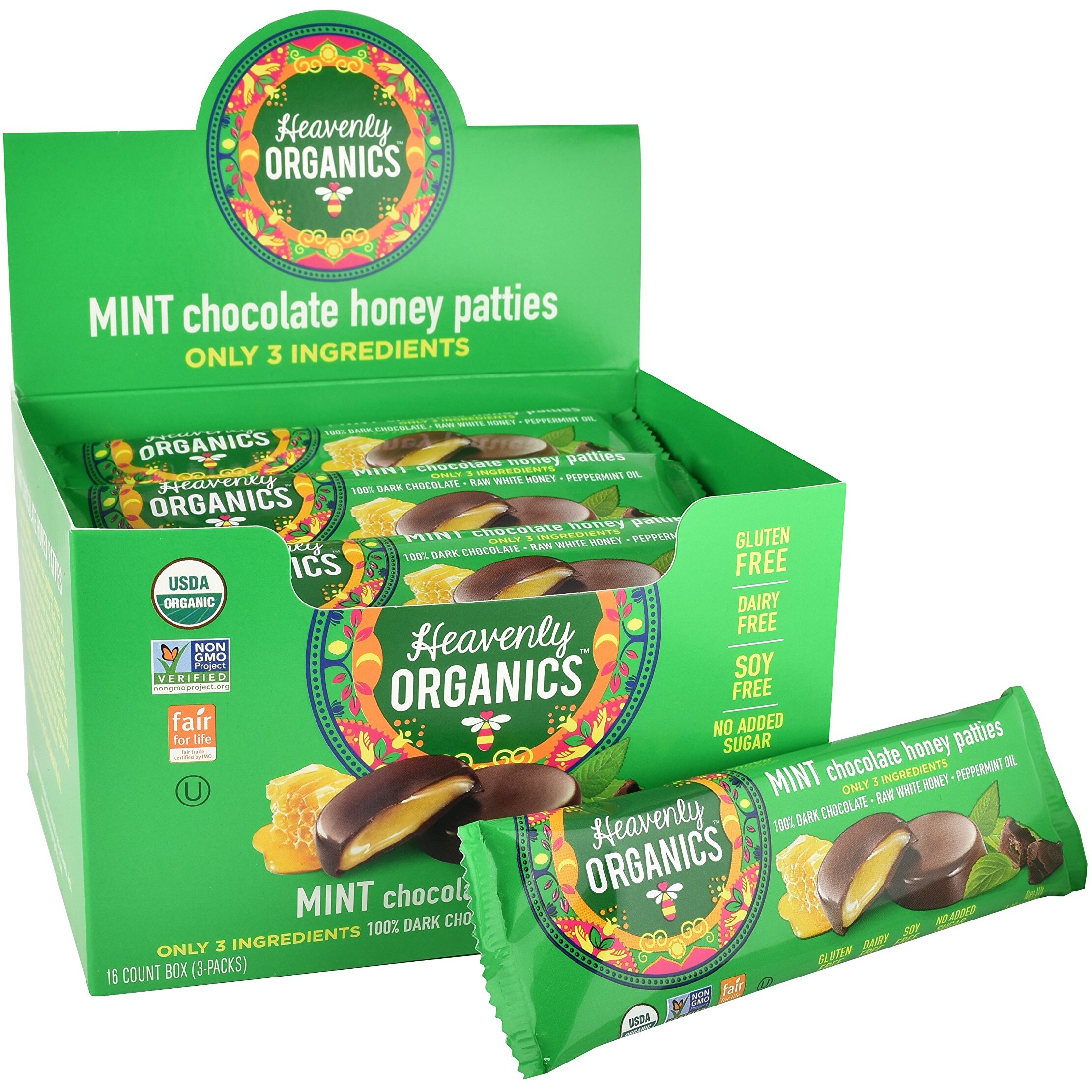 Heavenly Organics Mint Chocolate Honey Patties, (16 Per Box) Made With 100% Organic Cocoa And 100% Organic Raw White Honey Non-Gmo, Fair Trade, Kosher, Dairy & Gluten Free, No Sugar Added