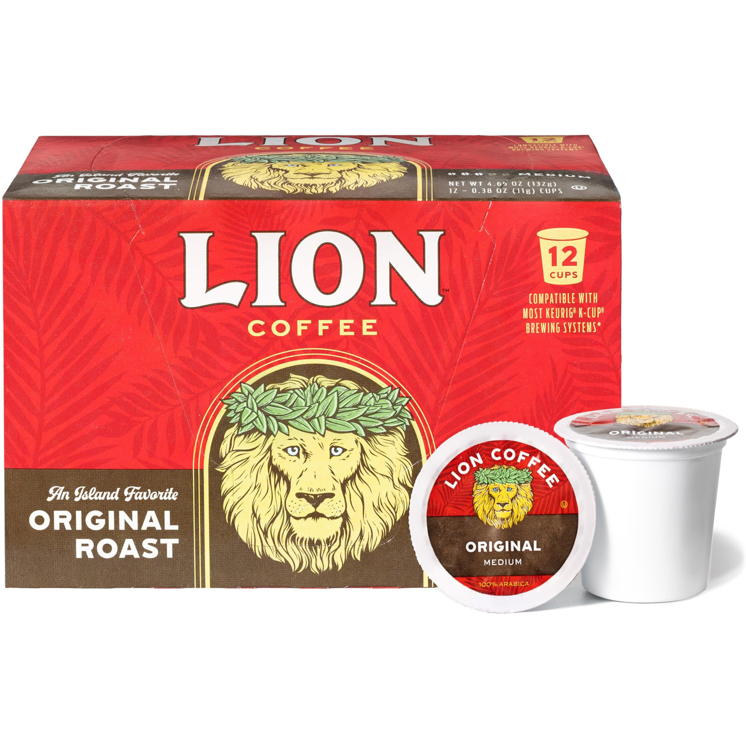 Lion Coffee Original Medium Roast Coffee, Single-Serve Coffee Pods, Compatible With Keurig Brewers, A Taste Of Aloha - (12 Count Box)