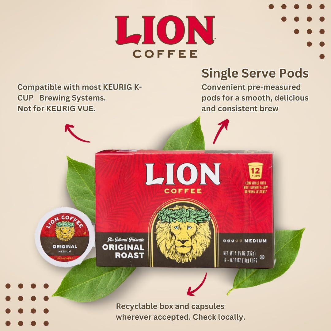 Lion Coffee Original Medium Roast Coffee, Single-Serve Coffee Pods, Compatible With Keurig Brewers, A Taste Of Aloha - (12 Count Box)