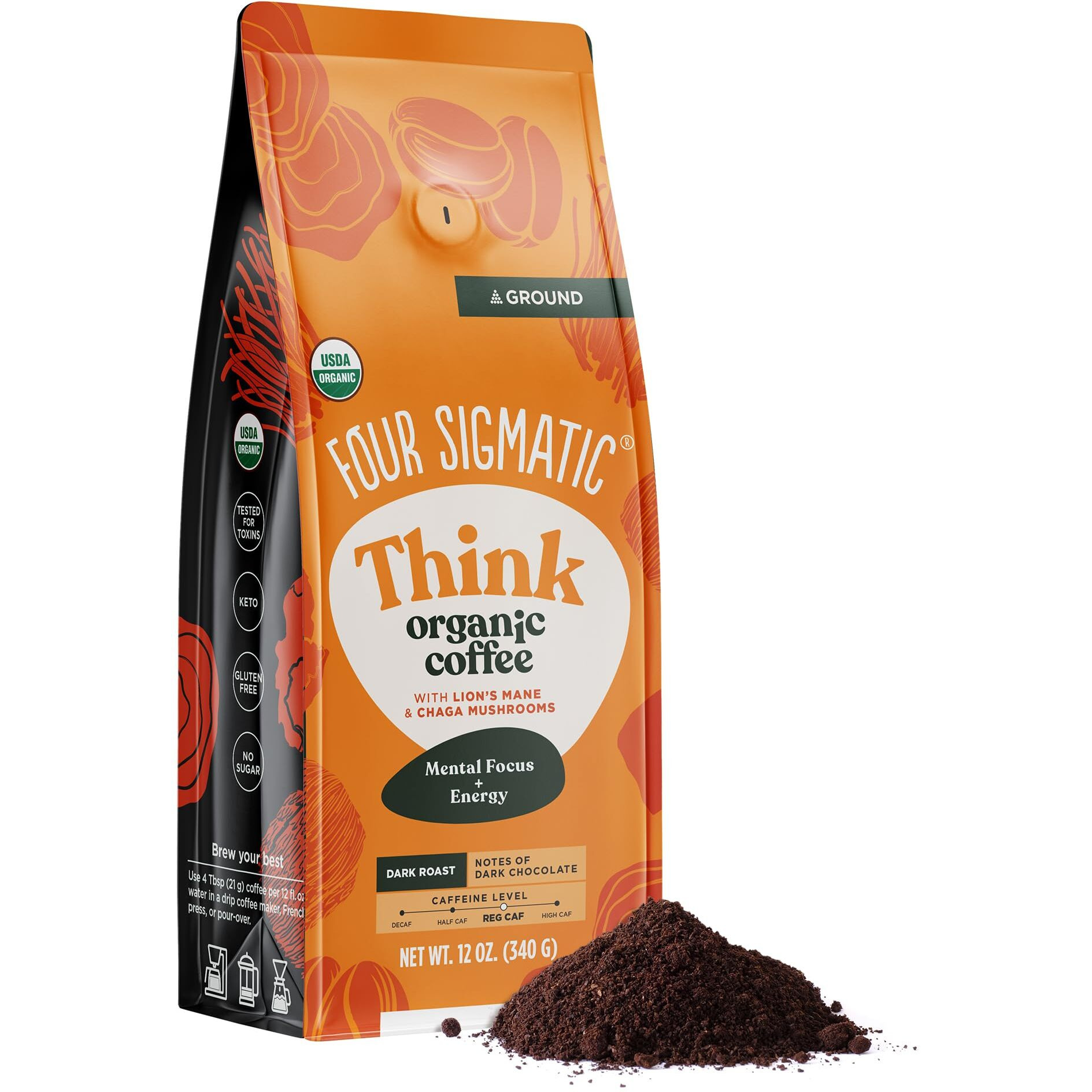 Four Sigmatic Think Mushroom Coffee | Organic Ground Coffee With Lion's Mane Mushroom And Chaga Mushroom | 12Oz Bag