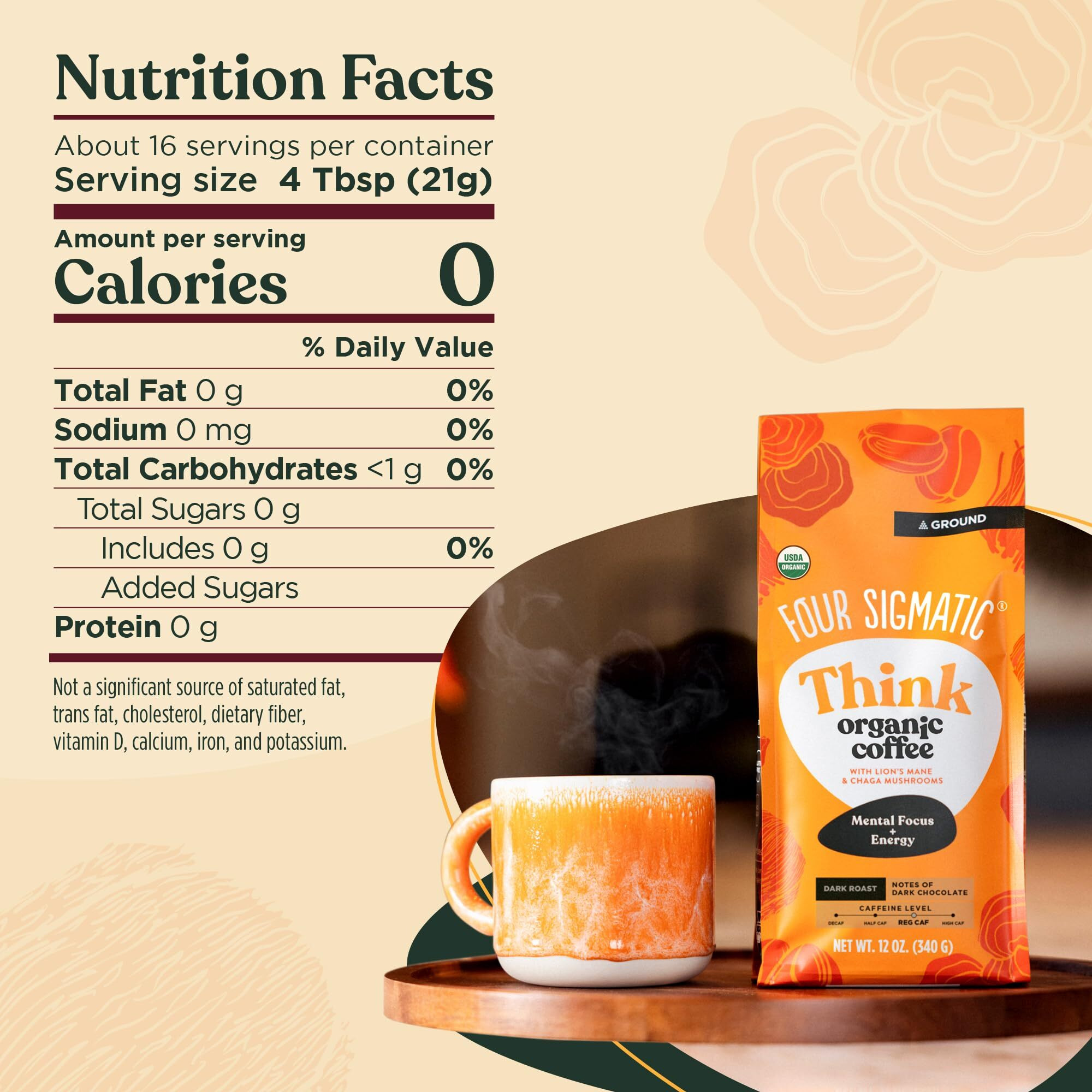 Four Sigmatic Think Mushroom Coffee | Organic Ground Coffee With Lion's Mane Mushroom And Chaga Mushroom | 12Oz Bag