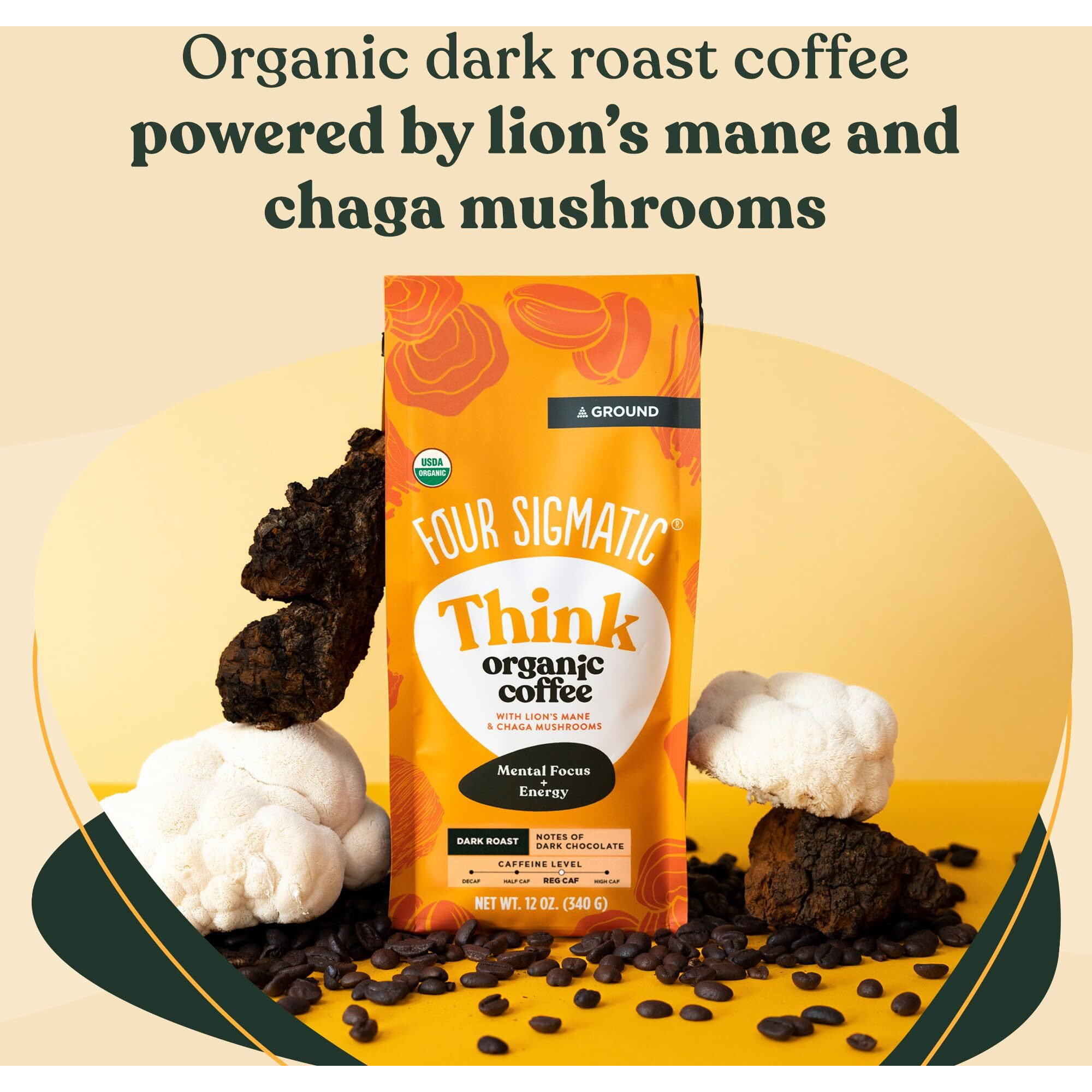 Four Sigmatic Think Mushroom Coffee | Organic Ground Coffee With Lion's Mane Mushroom And Chaga Mushroom | 12Oz Bag
