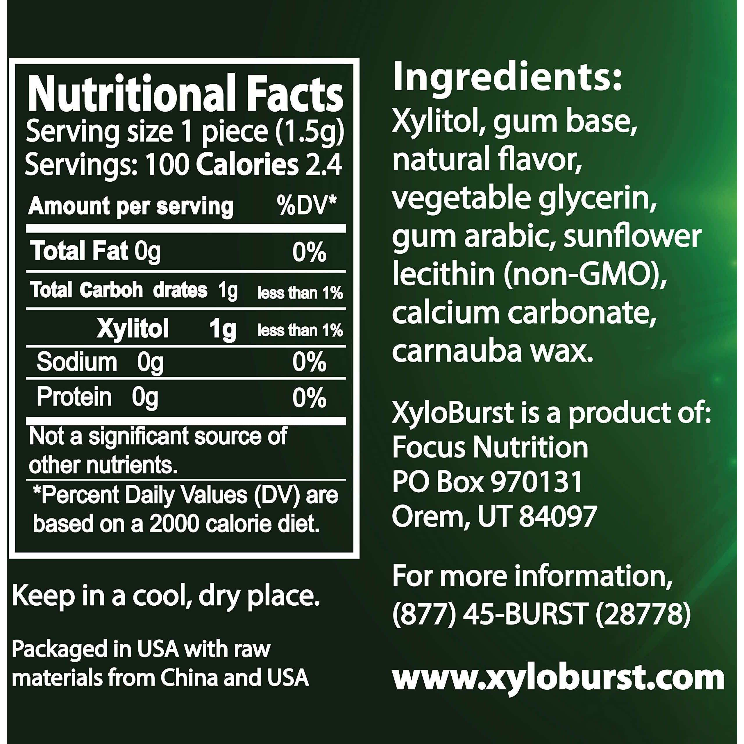 Xyloburst 100% Xylitol, Natural Chewing Gum 100 Count Jar Non Gmo, Vegan, Aspartame Free, Sugar Free (Spearmint, 1 Jar)