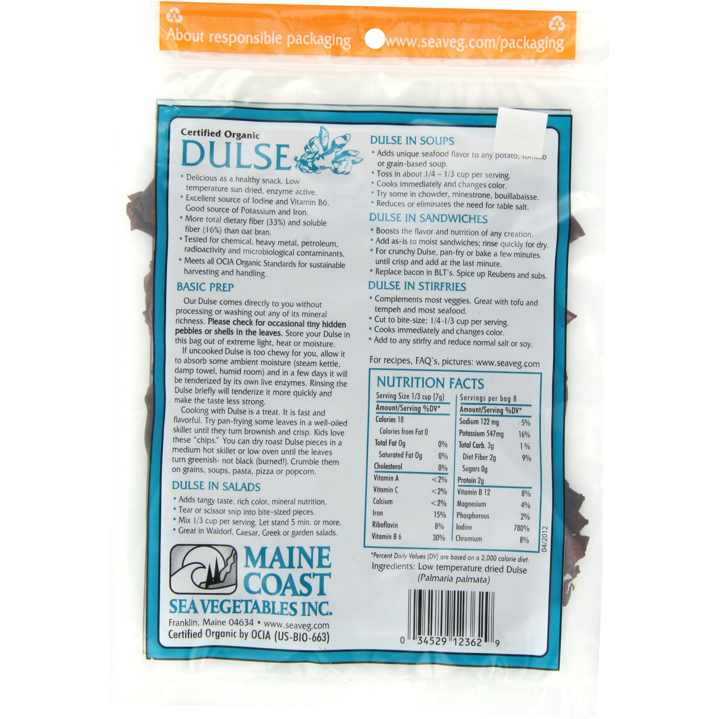 Maine Coast Sea Vegetables Dulse, Wild Atlantic Sea Vegetable, 2-Ounce Package (Pack Of 6)