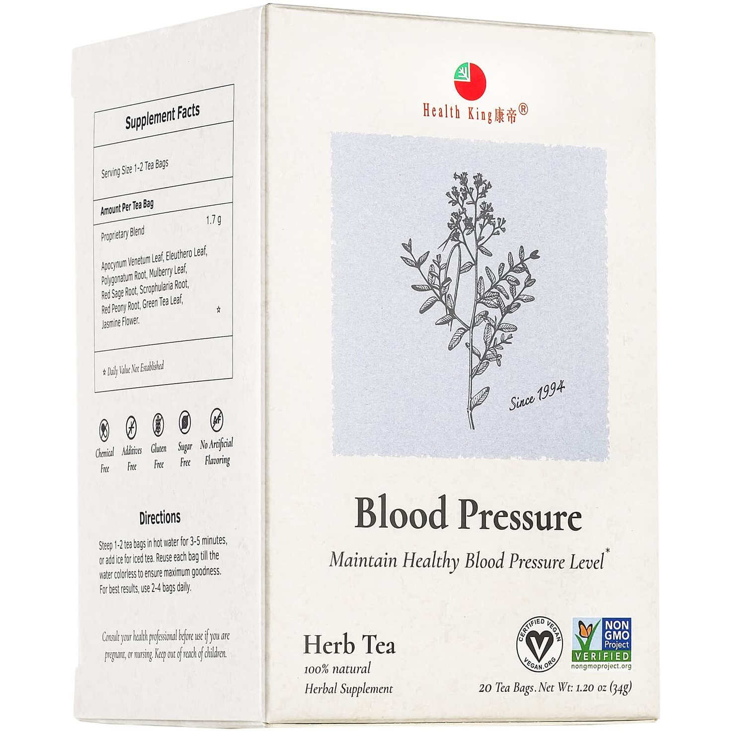 Health King Blood Pressure Herb Tea, Teabags, 20 Count Box