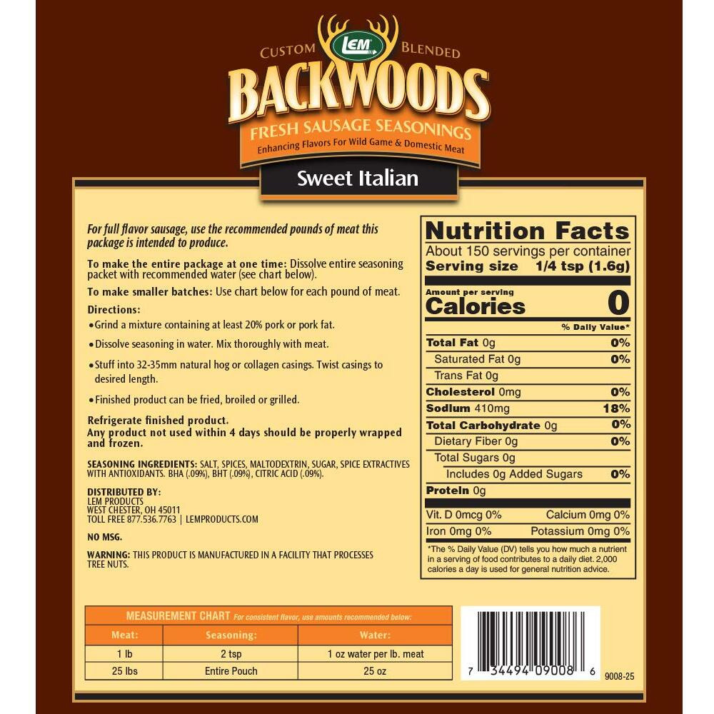 Lem Products Backwoods Sweet Italian Fresh Sausage Seasoning, Ideal For Wild Game And Domestic Meat, Seasons Up To 25 Pounds Of Meat, 8.3 Ounce Packet