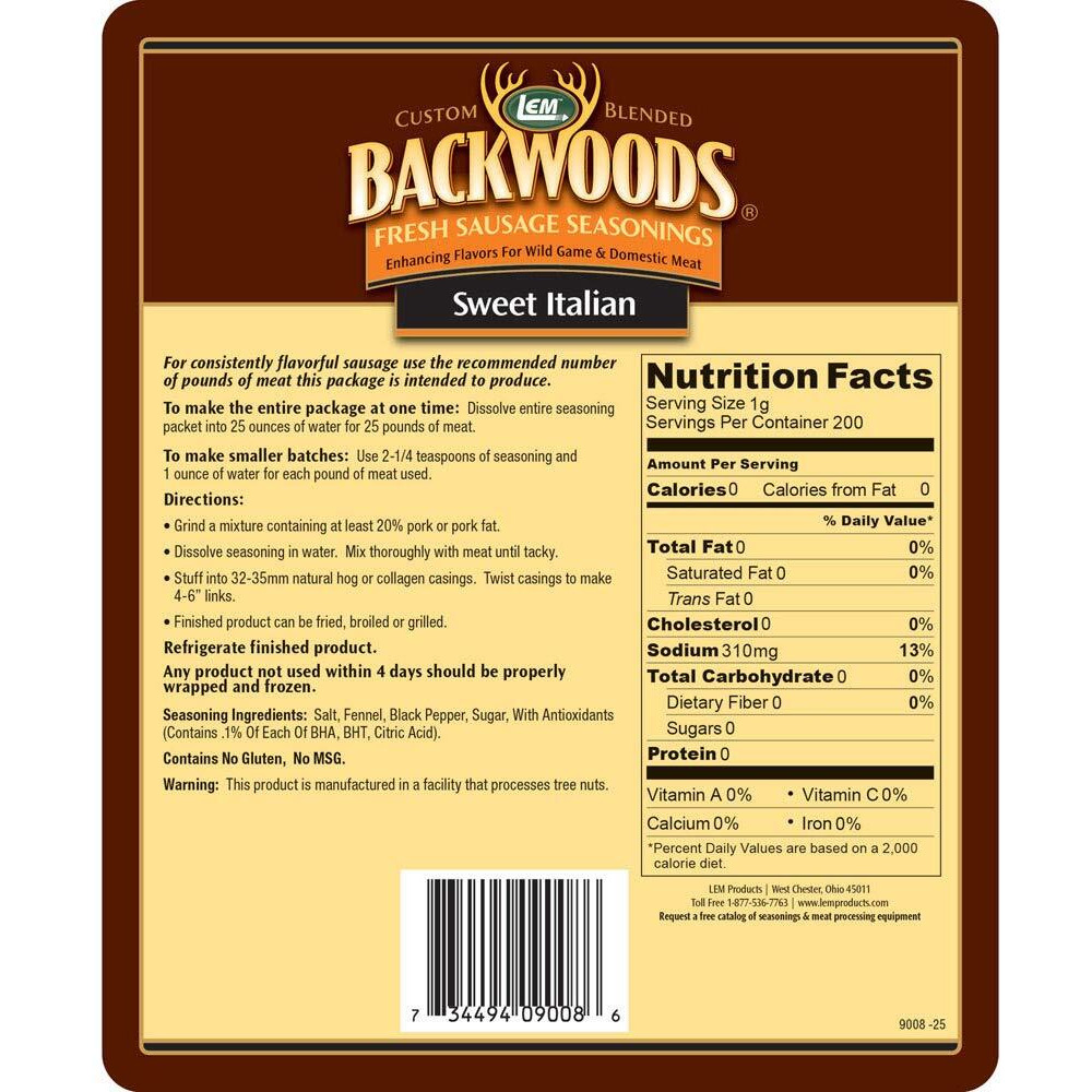 Lem Products Backwoods Sweet Italian Fresh Sausage Seasoning, Ideal For Wild Game And Domestic Meat, Seasons Up To 25 Pounds Of Meat, 8.3 Ounce Packet