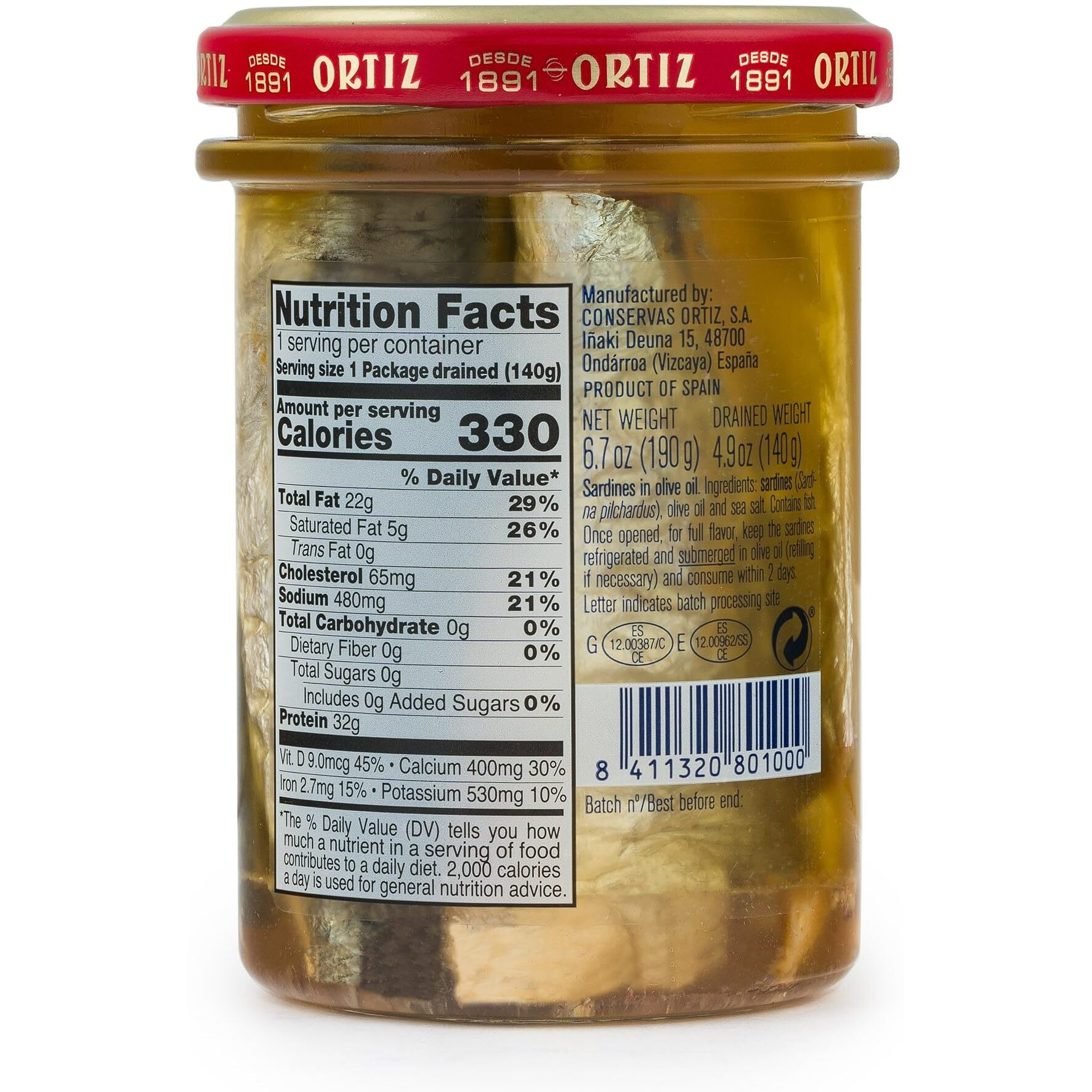 Ortiz Sardines In Olive Oil, 6.7 Oz. Jar | Spanish Old Style Sardines A La Antigua', Skin On | Sardines In Olive Oil, Wild Caught [6.7 Oz. Glass Jar]