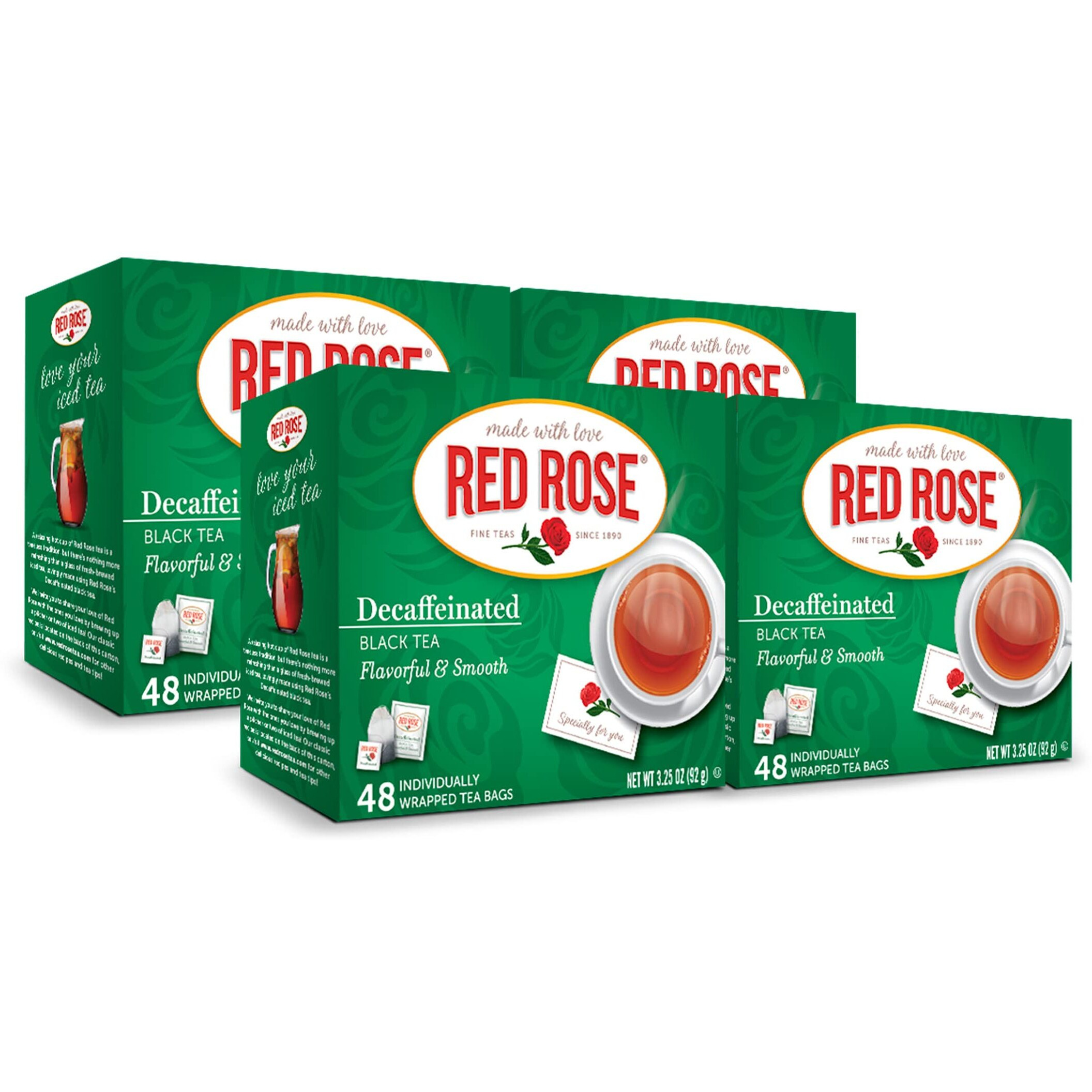 Red Rose Naturally Decaffeinated Black Tea Specially Blended Strong Black Tea With 48 Individually Wrapped Tea Bags Per Box (Pack Of 4) Brew Hot/Cold Decaf Black Tea Full-Bodied Flavorful Black Tea