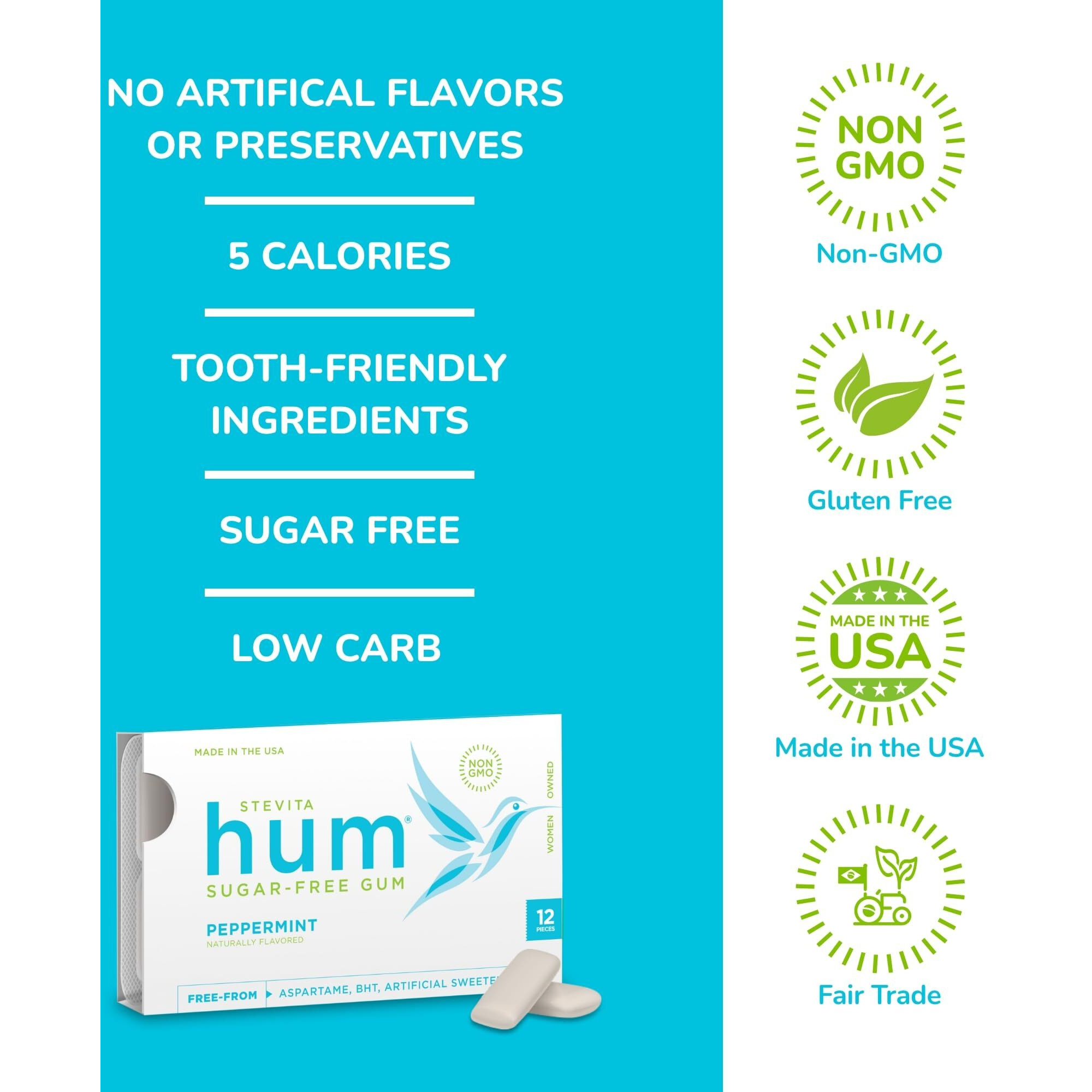 Stevita Hum, Peppermint - Sugar-Free Gum - 12 Pieces, Pack Of 12 - Supports Oral Health - Non-Gmo, Vegetarian, Keto, Gluten Free (Package May Vary)