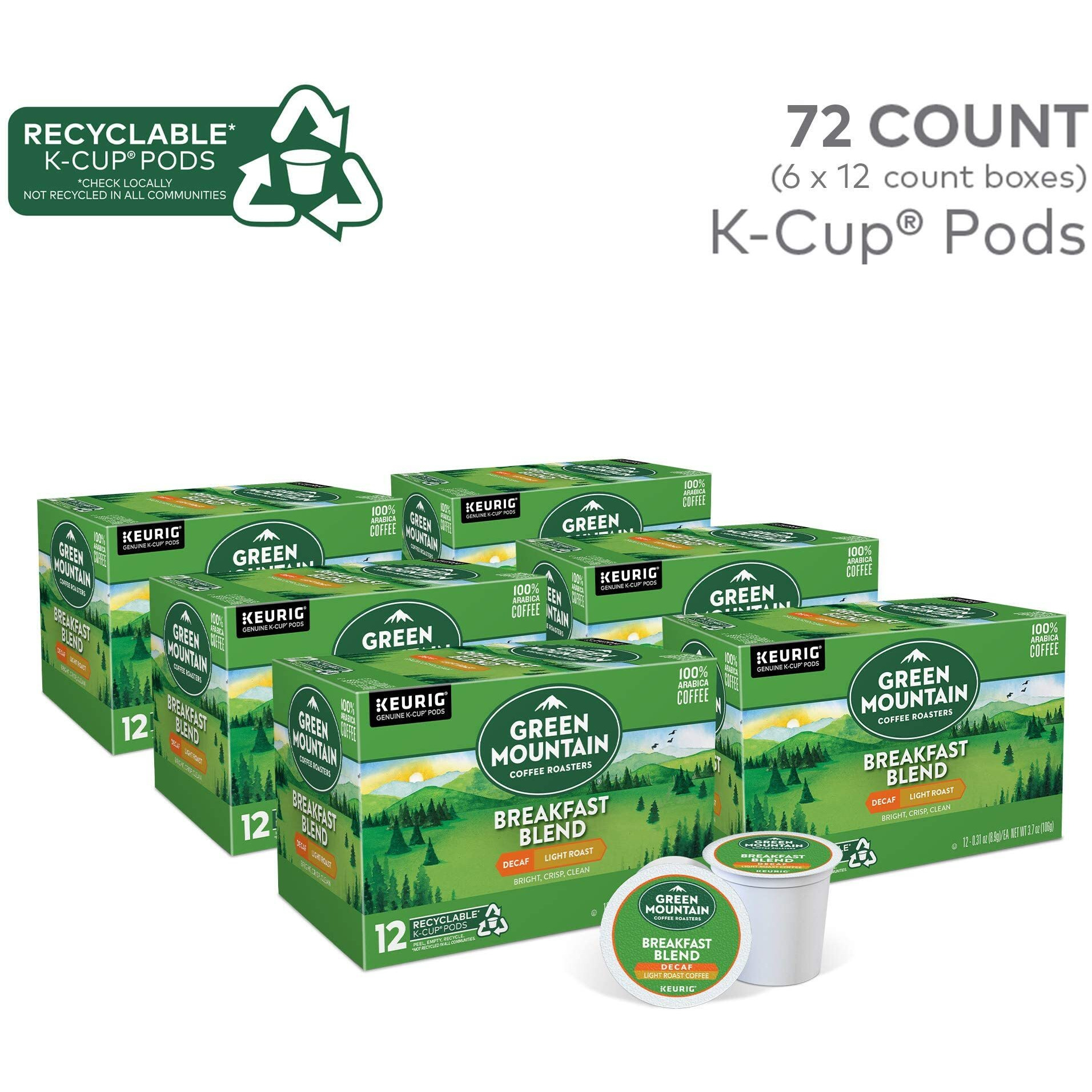 Green Mountain Coffee Roasters Breakfast Blend Decaf Keurig Single-Serve K-Cup Pods, Light Roast Coffee, 72 Count (6 Packs Of 12)