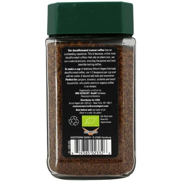 Mount Hagen 3.53Oz Organic Freeze Dried Instant Decaf Coffee | Eco-Friendly, Fair-Trade Decaffeinated Coffee Made From Organic Medium Roast Arabica Beans [3.53Oz Jar]