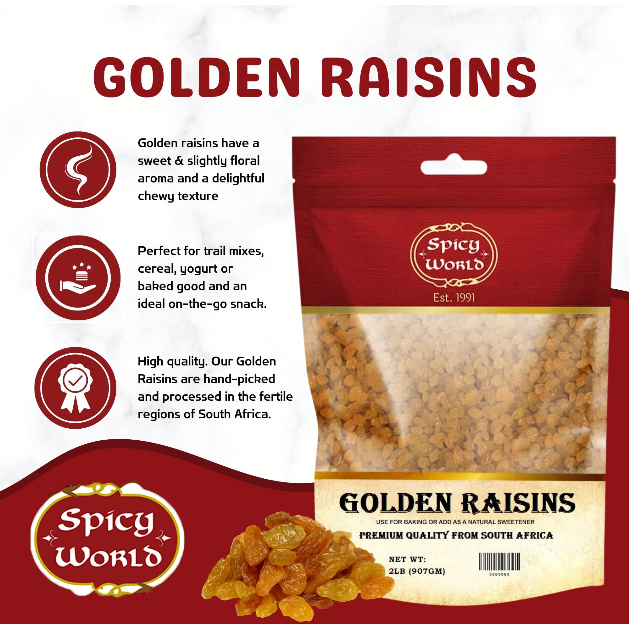 Spicy World Golden Raisins 2 Lb Bulk Bag - Sweet & Seedless Sultanas From South Africa | | Perfectly Dried For Natural Sweetness | Ideal Dried Fruit Snack | For Baking & More | No Added Sugar
