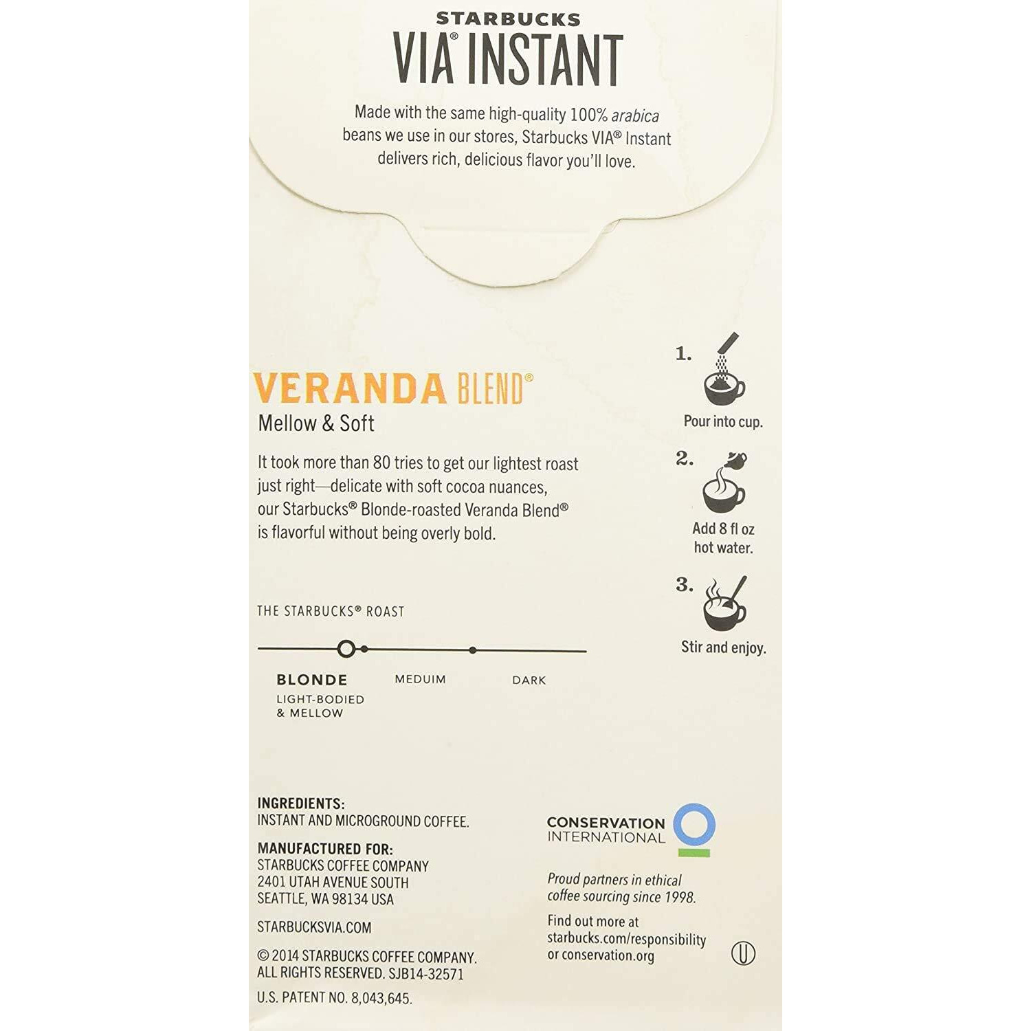 Starbucks Via Instant Coffee, Veranda Blend, 8 Ct
