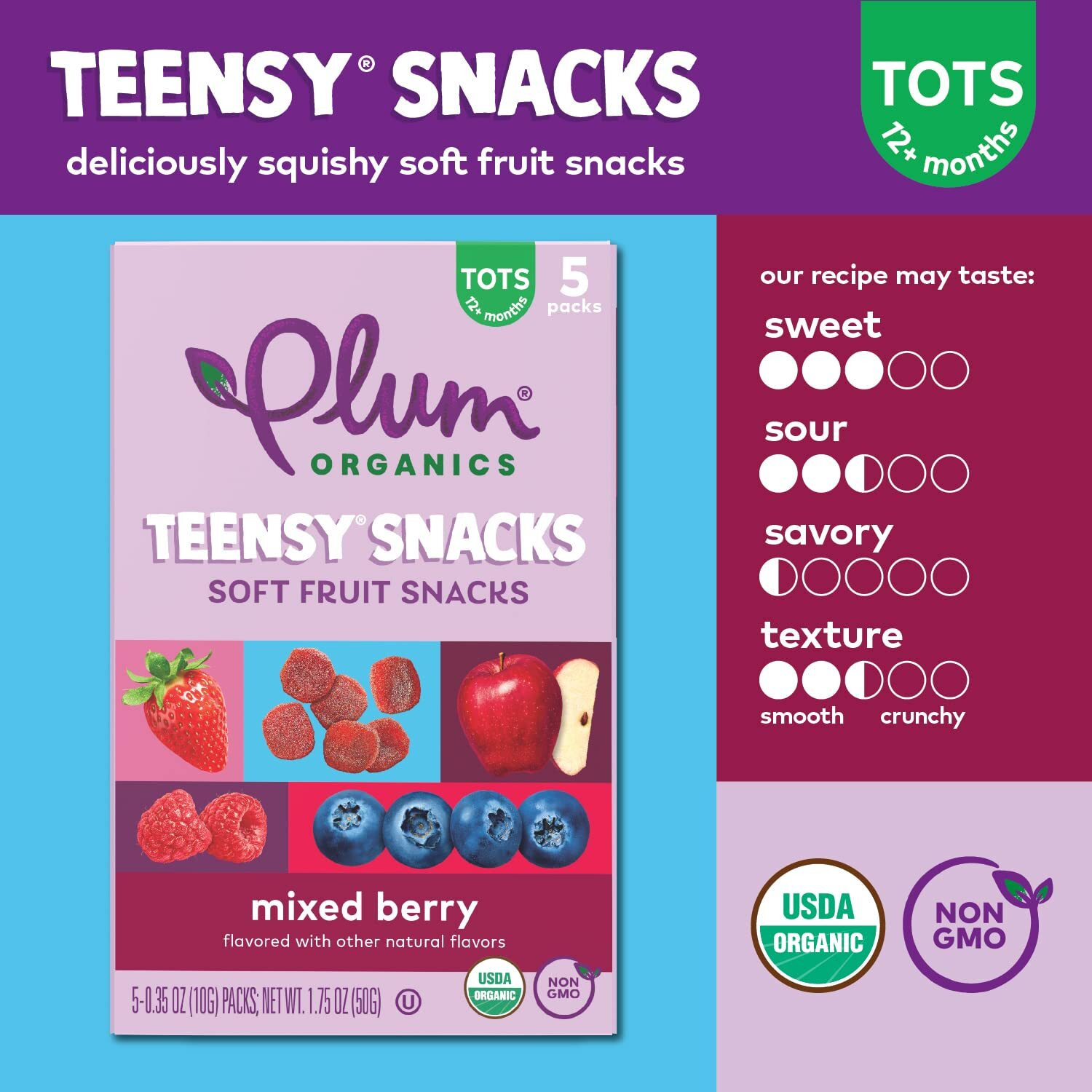 Plum Organics Teensy Snacks Soft Fruit Snacks - Mixed Berry - 5 Count (Pack Of 8) - Organic Toddler Food Fruit Snacks
