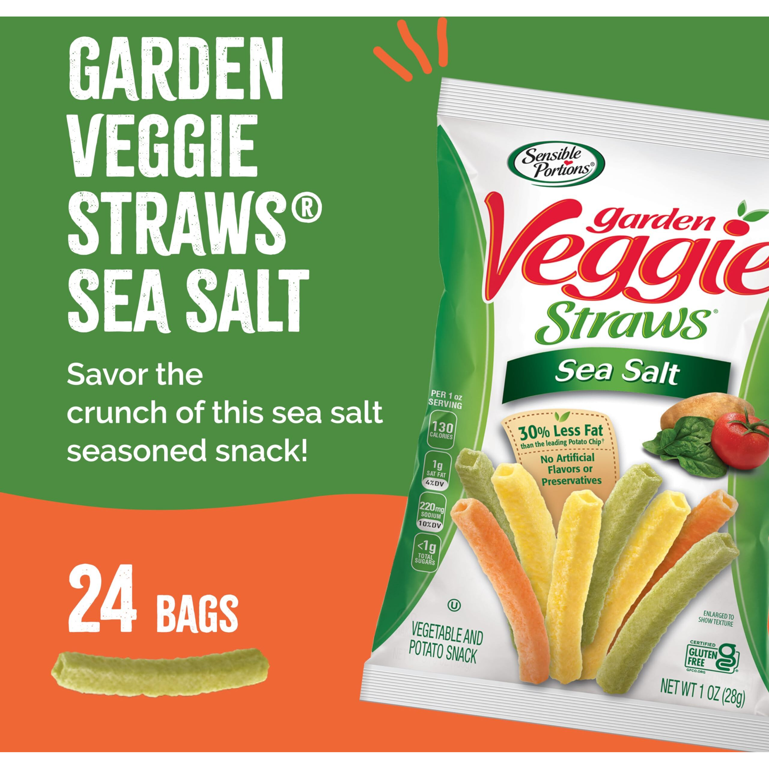 Sensible Portions Veggie Straws, Sea Salt Flavor, Gluten-Free Chips, Individual Snacks, 1 Ounce Bag, 24-Pack