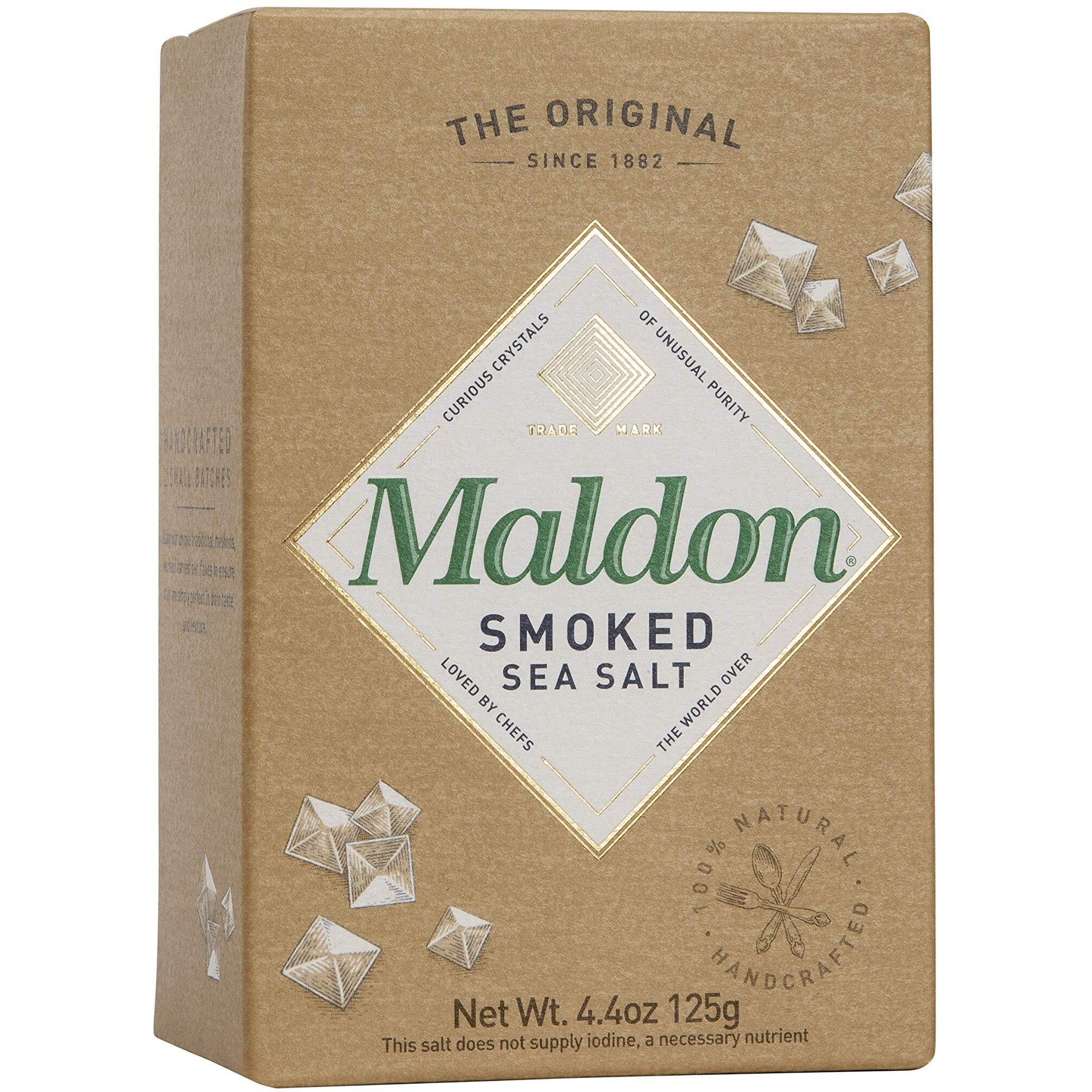 Maldon Salt, Smoked Sea Salt Flakes, 4.4 Oz (125 G), Kosher, Natural, Gently Smoked Over Oak, Handcrafted, Gourmet, Pyramid Crystals, 2 Count