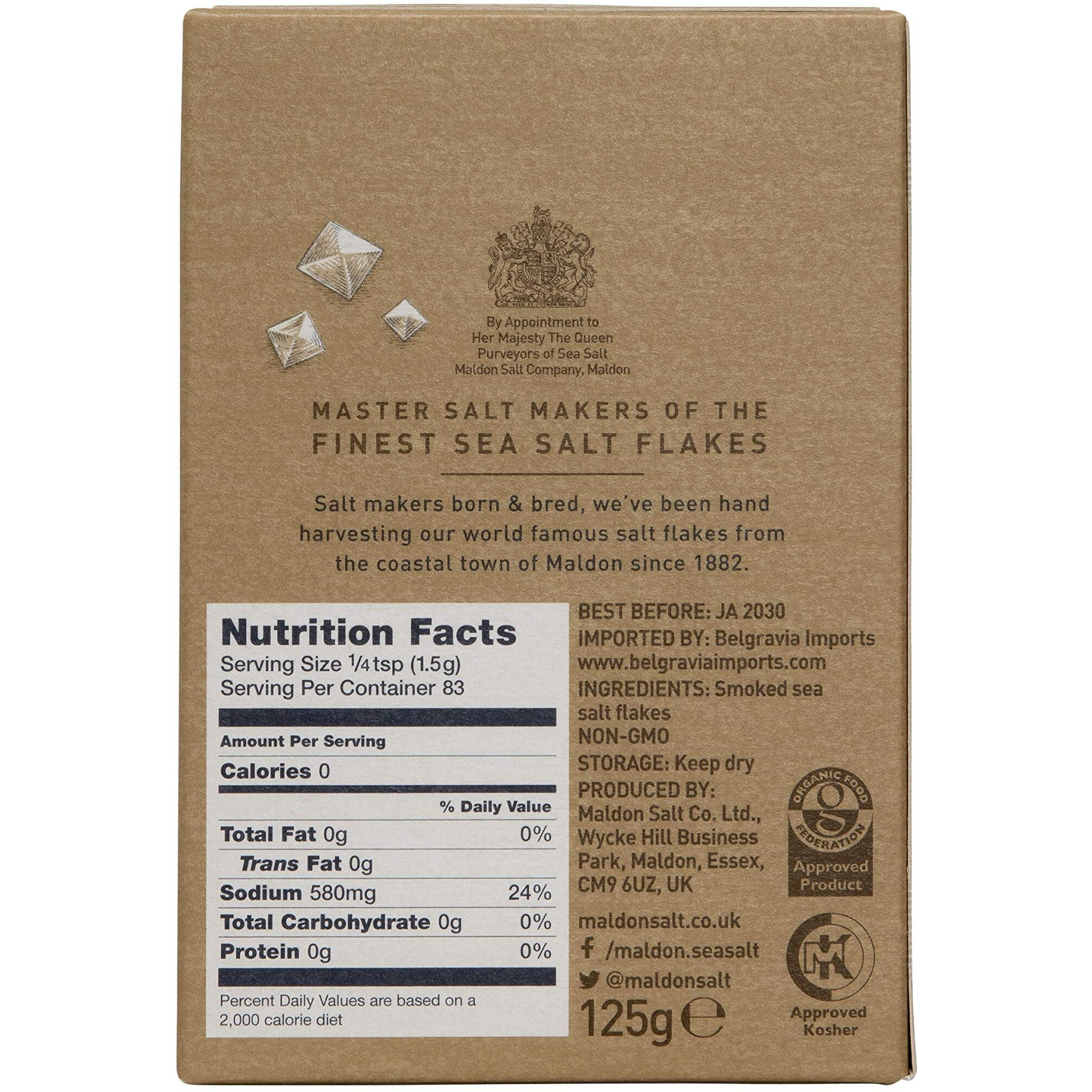 Maldon Salt, Smoked Sea Salt Flakes, 4.4 Oz (125 G), Kosher, Natural, Gently Smoked Over Oak, Handcrafted, Gourmet, Pyramid Crystals, 2 Count
