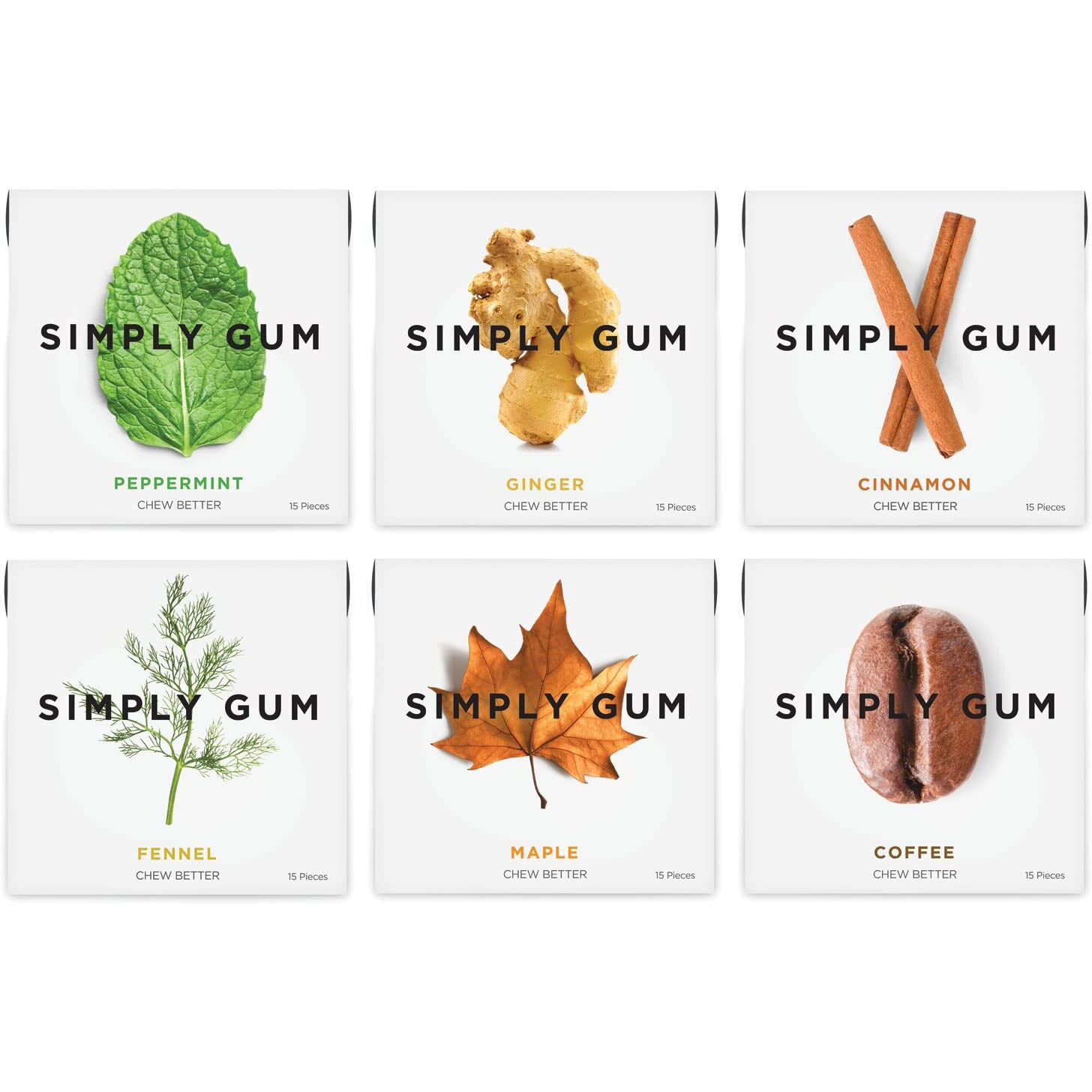 Simply Gum | Variety Pack - Peppermint, Cinnamon, Ginger, Fennel, Maple, Coffee | Synthetic Free + Aspartame Free + Non Gmo