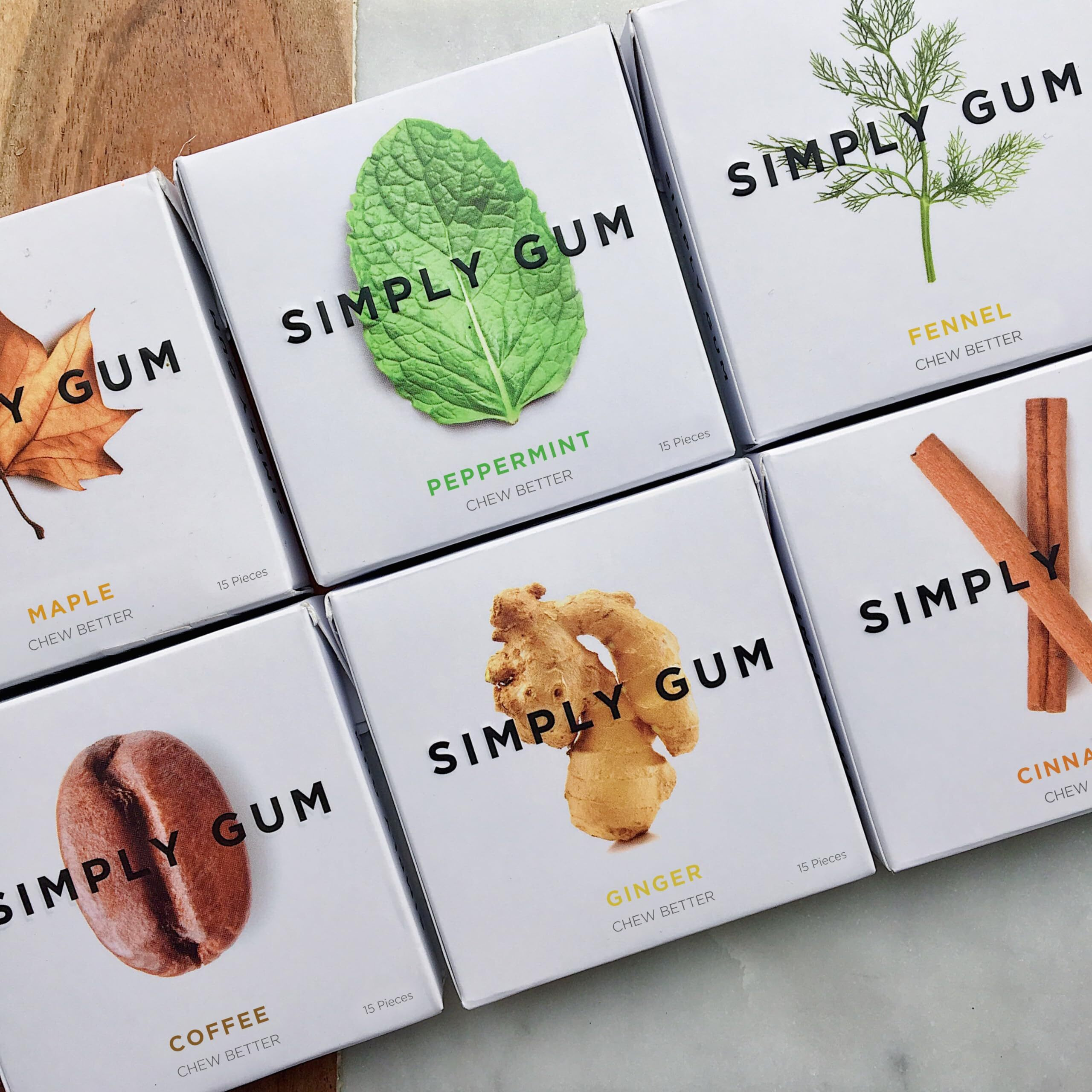 Simply Gum | Variety Pack - Peppermint, Cinnamon, Ginger, Fennel, Maple, Coffee | Synthetic Free + Aspartame Free + Non Gmo