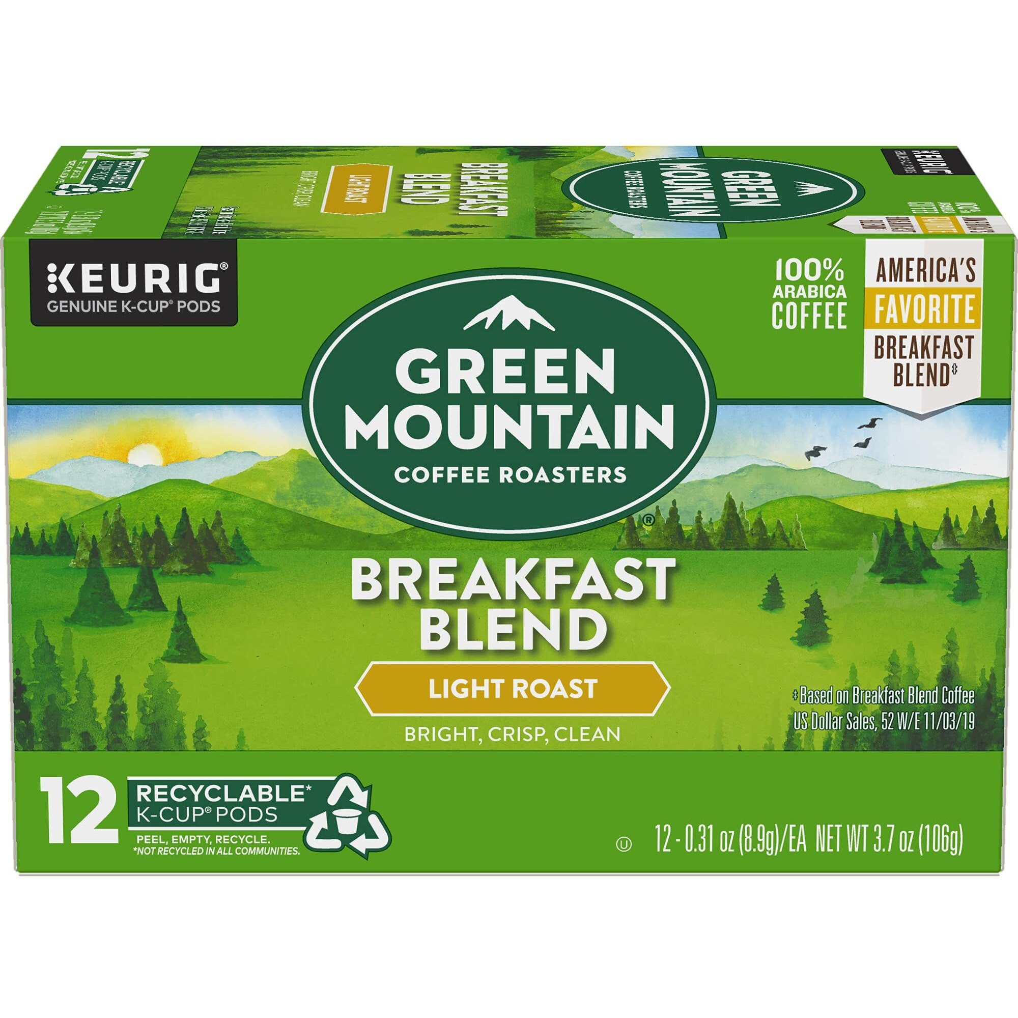 Green Mountain Coffee Roasters Breakfast Blend Single-Serve Keurig K-Cup Pods, Light Roast Coffee, 12 Count
