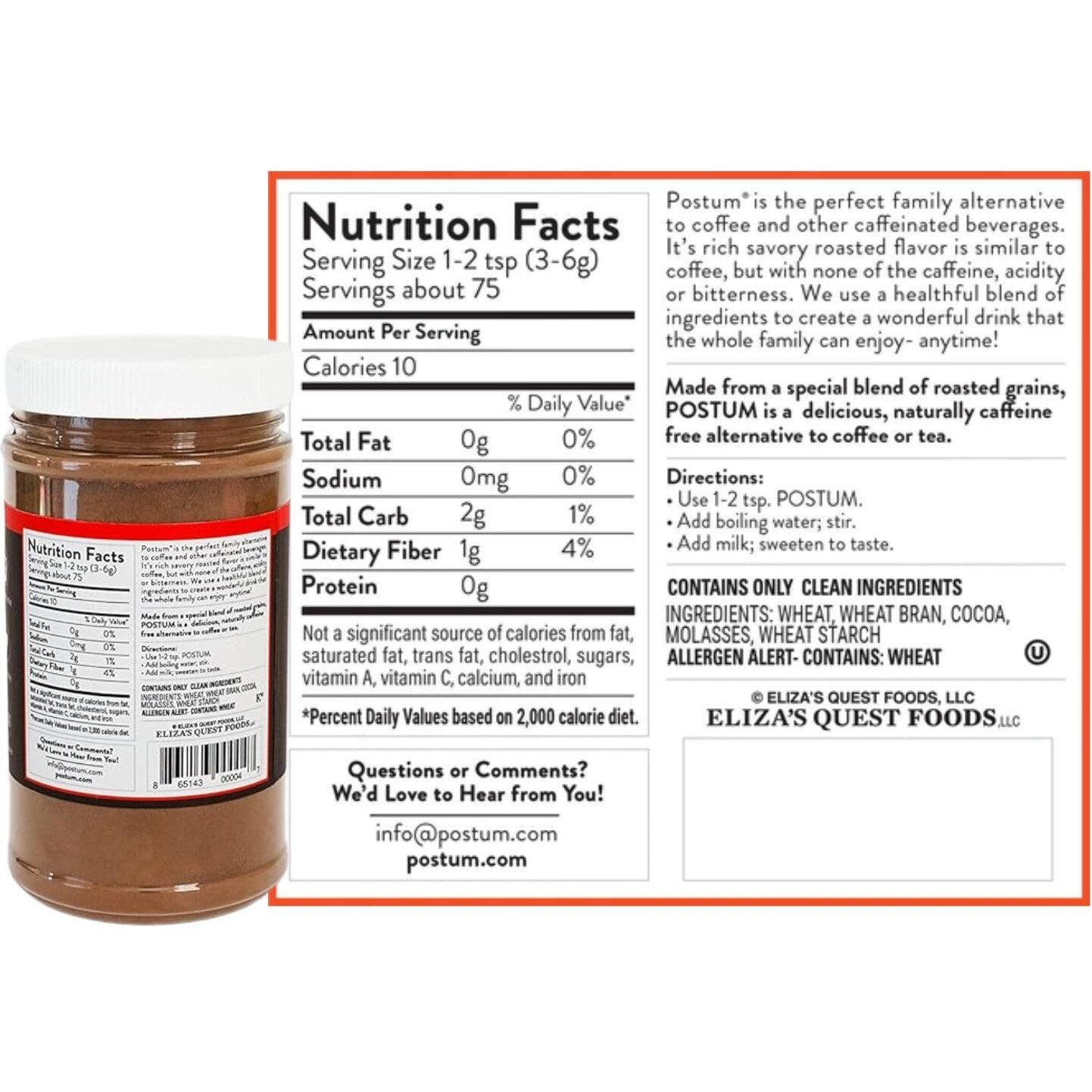 Postum Cocoa Blend Flavor Coffee Substitute Caffeine Free Delight With Roasted Wheat Bran & Molasses (8Oz) | Natural, Non-Gmo, Vegan & Healthy Coffee Alternative Caffeine Free Hot Chocolate