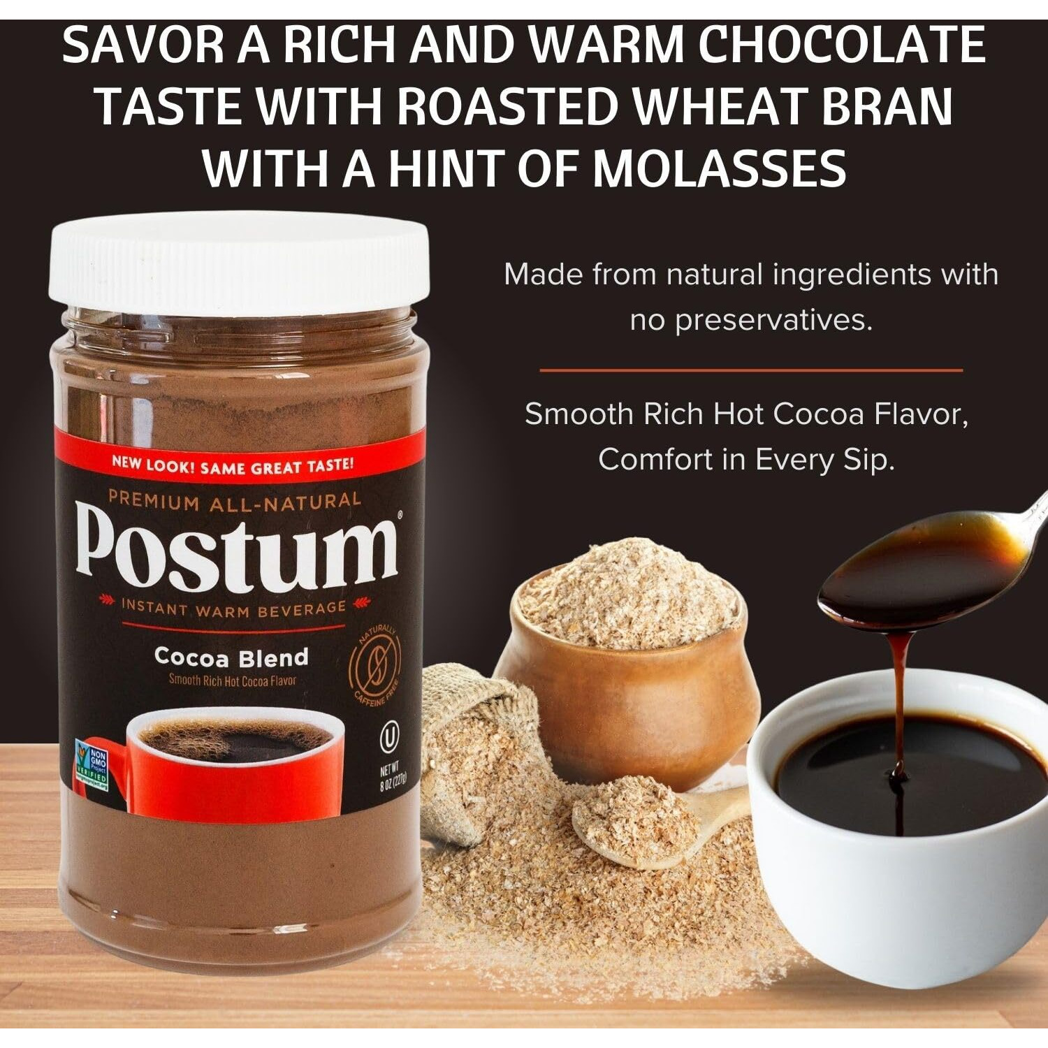 Postum Cocoa Blend Flavor Coffee Substitute Caffeine Free Delight With Roasted Wheat Bran & Molasses (8Oz) | Natural, Non-Gmo, Vegan & Healthy Coffee Alternative Caffeine Free Hot Chocolate
