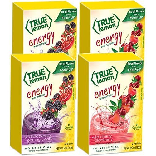 True Lemon (Energy Drinks) Wild Cherry Cranberry & Wild Blackberry Pomegranate 2 Boxes Each Flavor (4 Boxes Total), 24Ct Instant Powdered Drink Mix Packets Total, By True Citrus, 2.7 Gram (Pack Of 24)