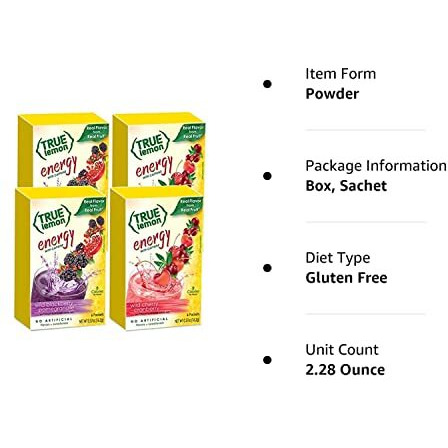 True Lemon (Energy Drinks) Wild Cherry Cranberry & Wild Blackberry Pomegranate 2 Boxes Each Flavor (4 Boxes Total), 24Ct Instant Powdered Drink Mix Packets Total, By True Citrus, 2.7 Gram (Pack Of 24)