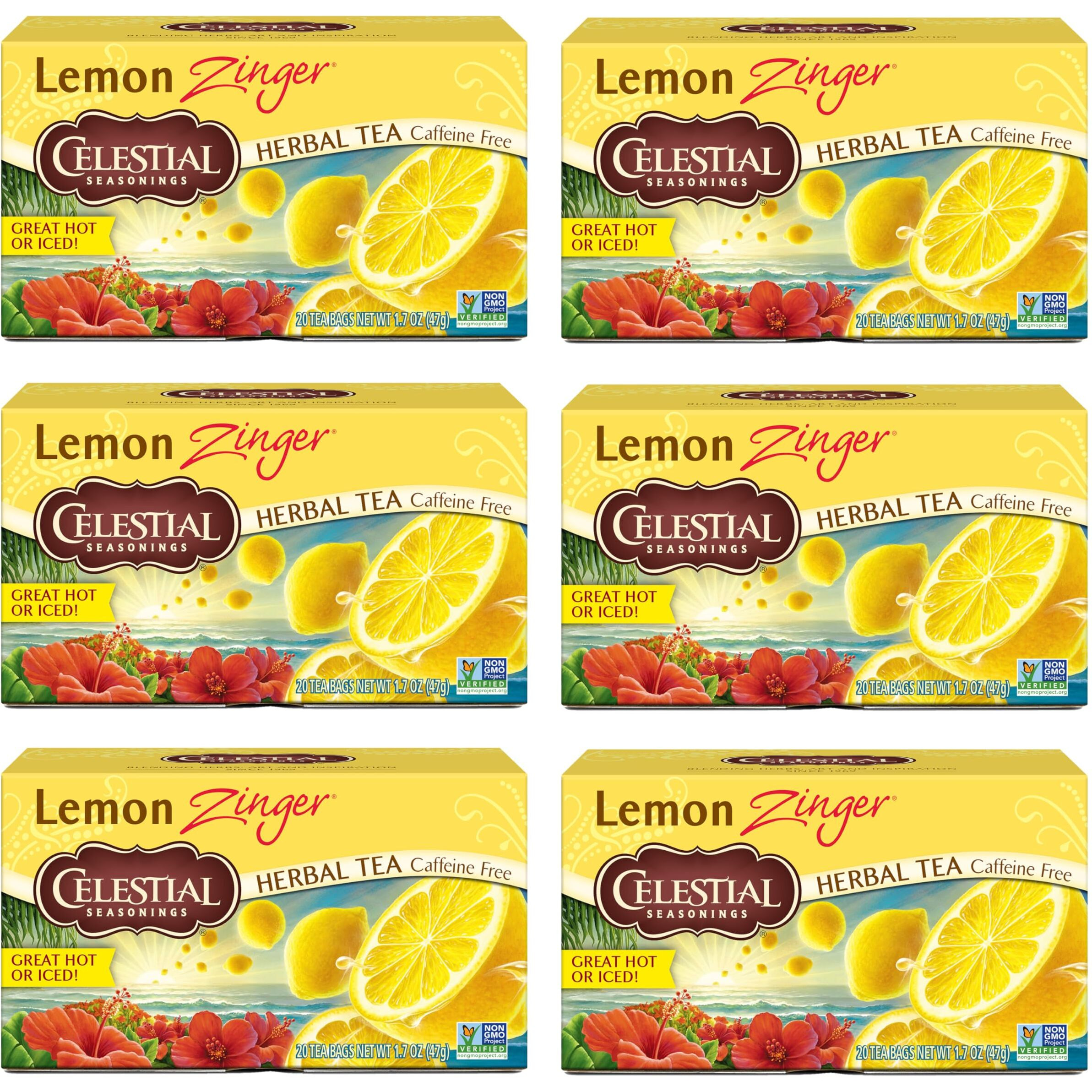 Celestial Seasonings Lemon Zinger Herbal Tea, Caffeine Free, 20 Tea Bags Box, (Pack Of 6)