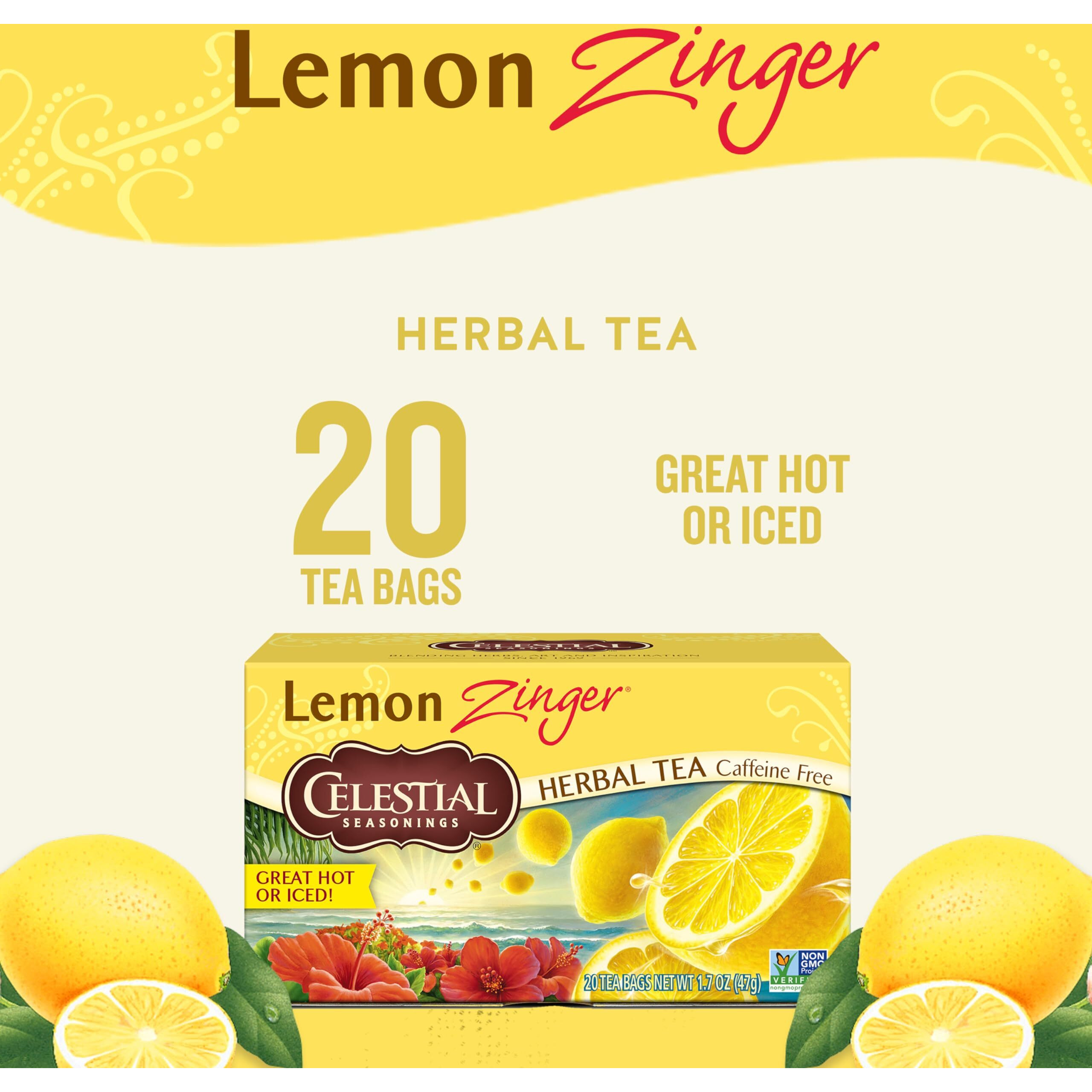 Celestial Seasonings Lemon Zinger Herbal Tea, Caffeine Free, 20 Tea Bags Box, (Pack Of 6)