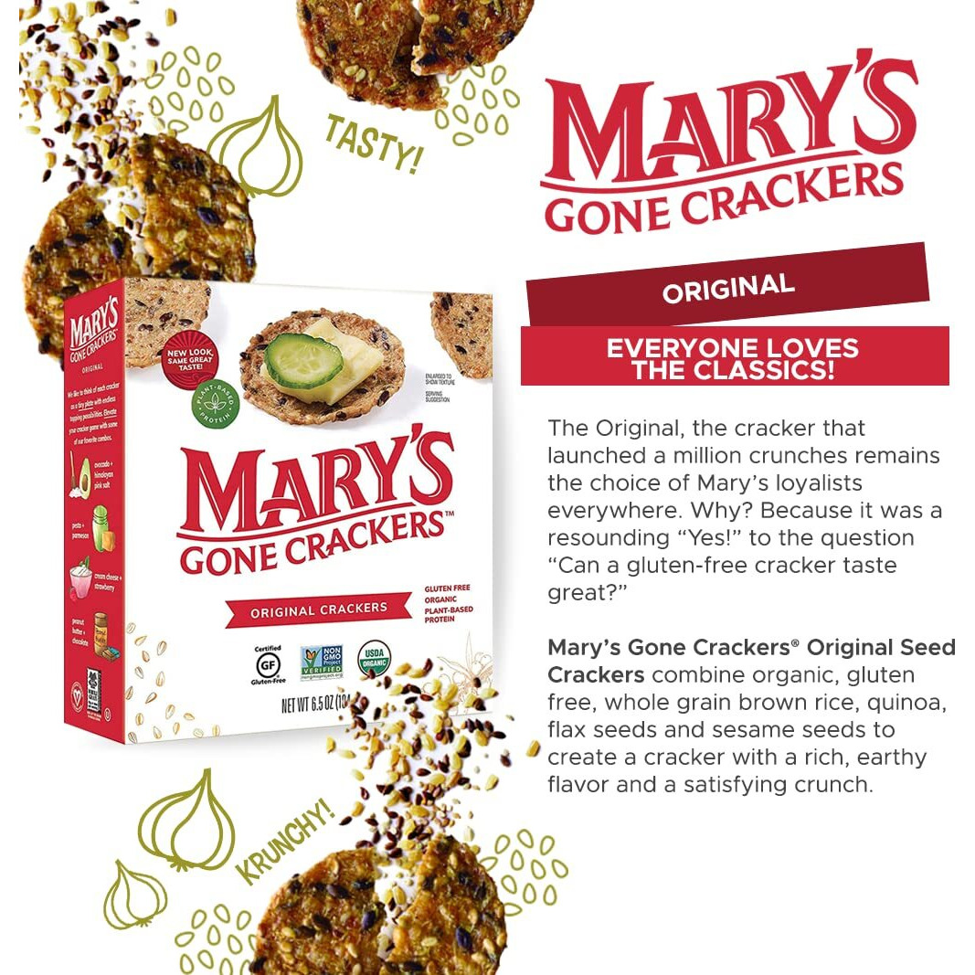 Mary's Gone Crackers Original Crackers, Organic Brown Rice, Flax & Sesame Seeds, Gluten Free, 6.5 Ounce (Pack Of 1)