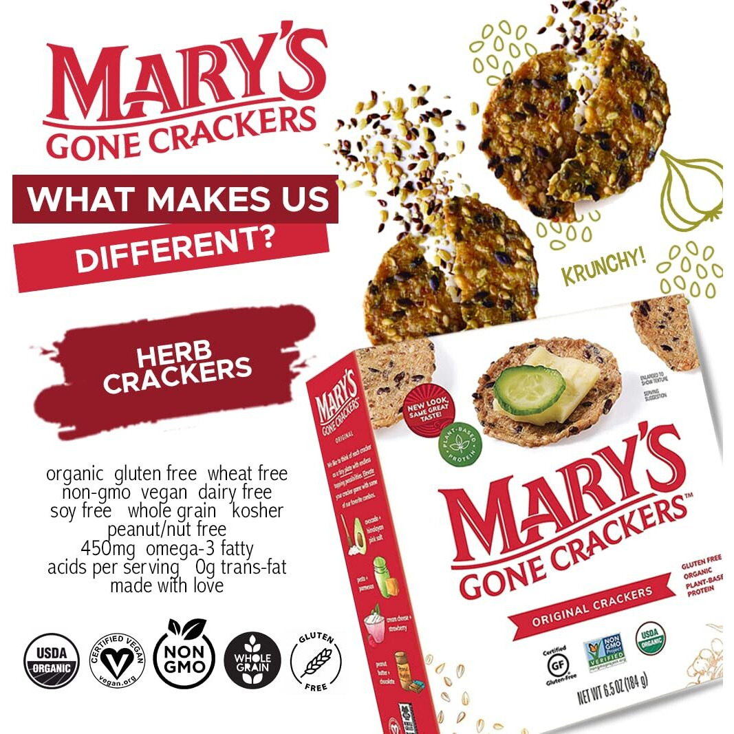 Mary's Gone Crackers Original Crackers, Organic Brown Rice, Flax & Sesame Seeds, Gluten Free, 6.5 Ounce (Pack Of 1)