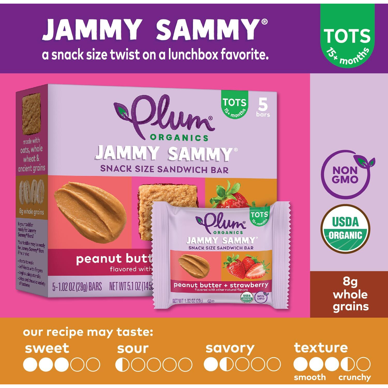 Plum Organics Jammy Sammy Snack Bars - Peanut Butter And Strawberry - 1.02 Oz Bars (Pack Of 30) - Organic Toddler Food Snack Bars