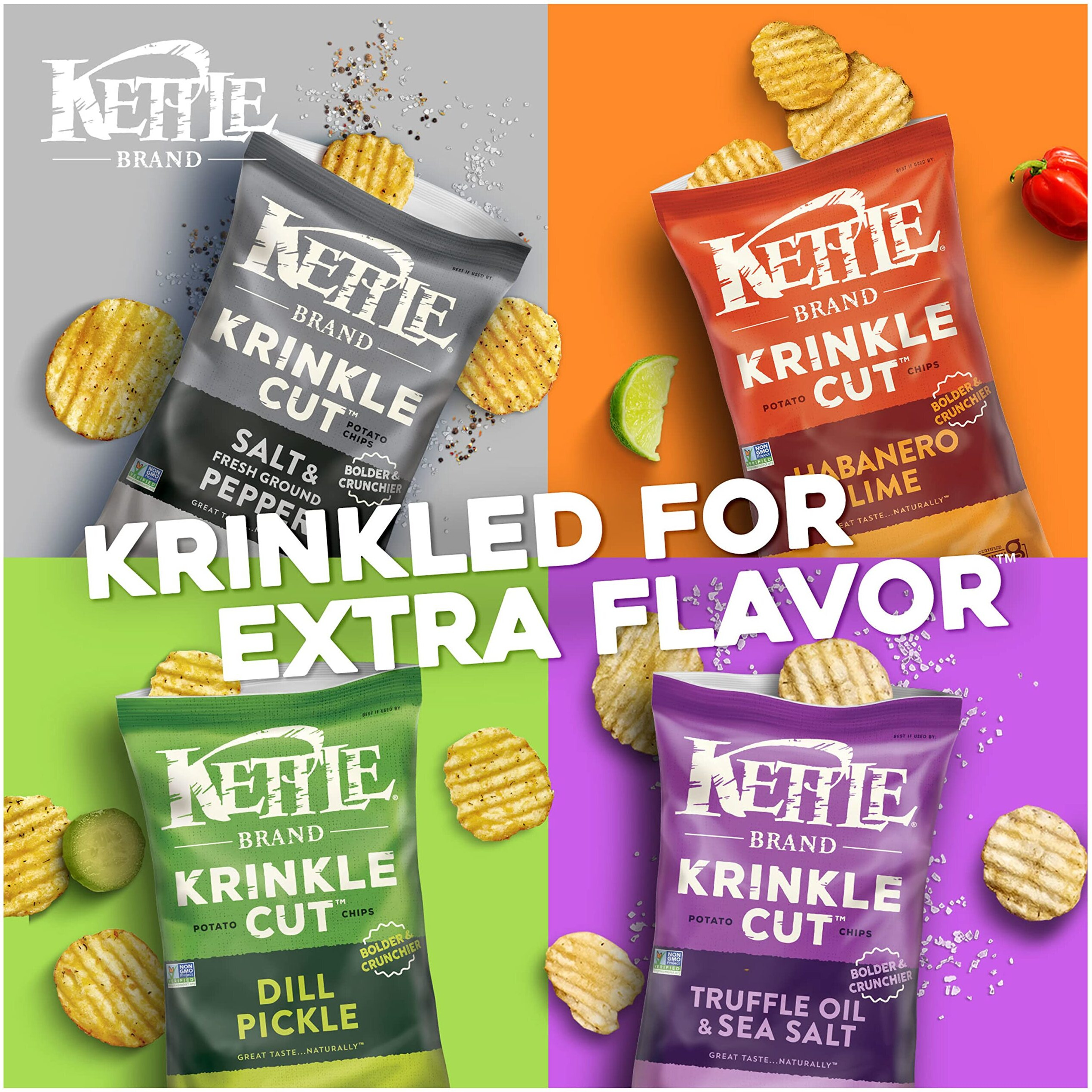 Kettle Brand Potato Chips, Krinkle Cut, Salt & Fresh Ground Pepper Kettle Chips, 1.5 Oz (Pack Of 24)