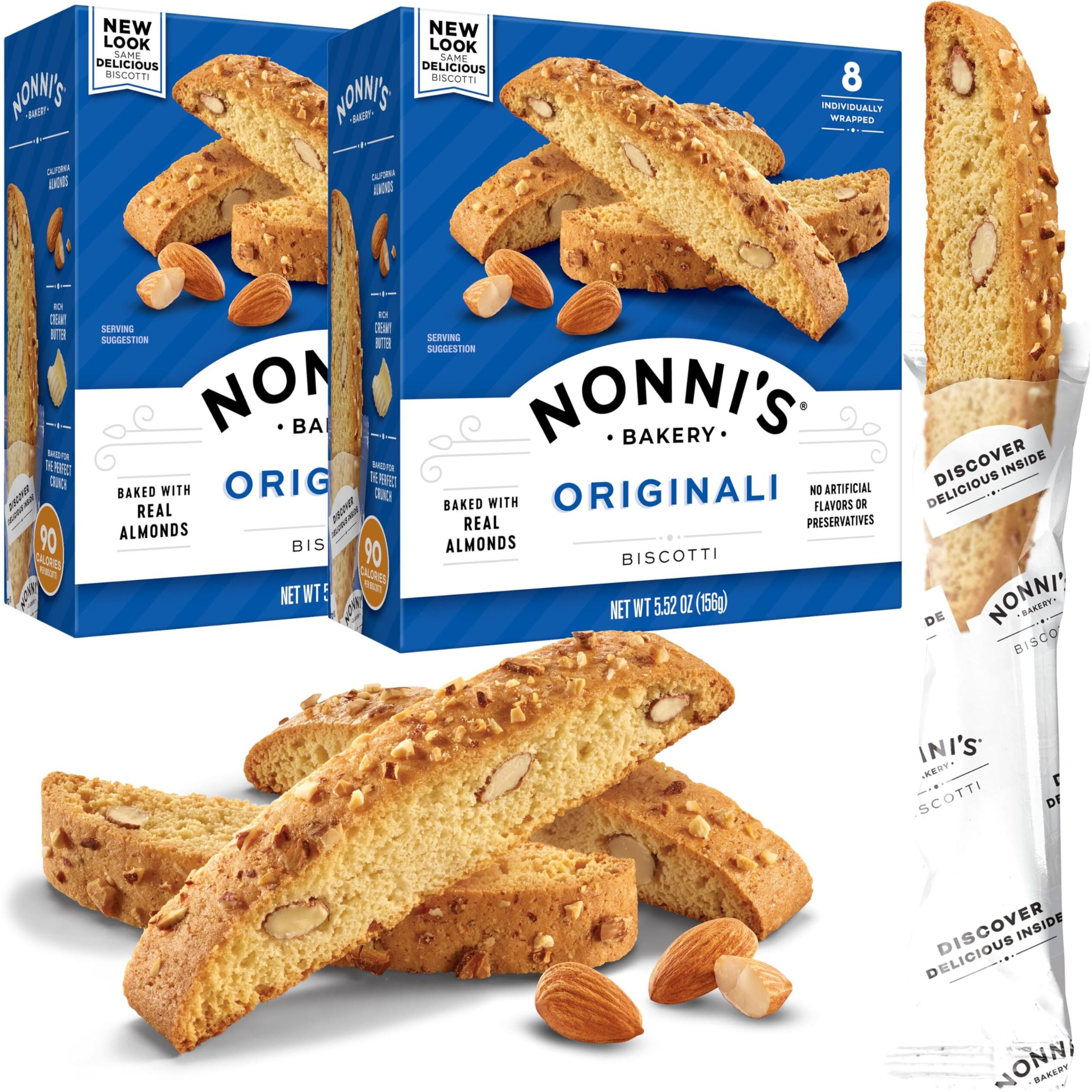 Nonni's Originali Almond Biscotti Italian Cookies - 2 Boxes Biscotti Individually Wrapped Cookies - Italian Biscotti Cookies Baked Fresh W/A Hint Of Anise & California Almonds - Kosher - 5.52 Oz