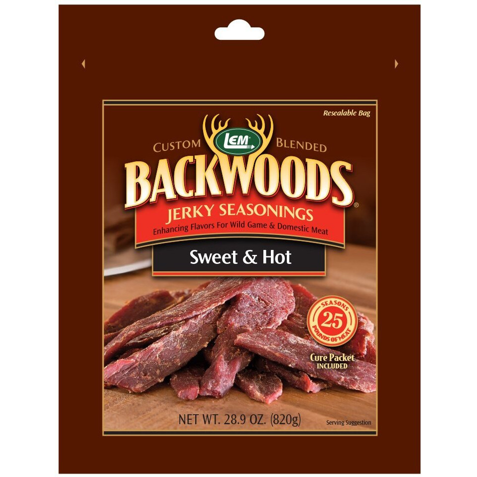 Lem Products Backwoods Sweet & Hot Jerky Seasoning, Ideal For Wild Game And Domestic Meat, Seasons Up To 25 Pounds Of Meat, 28.9 Ounce Packet With Pre-Measured Cure Packet Included