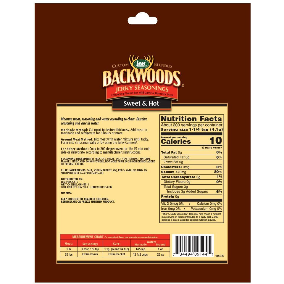 Lem Products Backwoods Sweet & Hot Jerky Seasoning, Ideal For Wild Game And Domestic Meat, Seasons Up To 25 Pounds Of Meat, 28.9 Ounce Packet With Pre-Measured Cure Packet Included