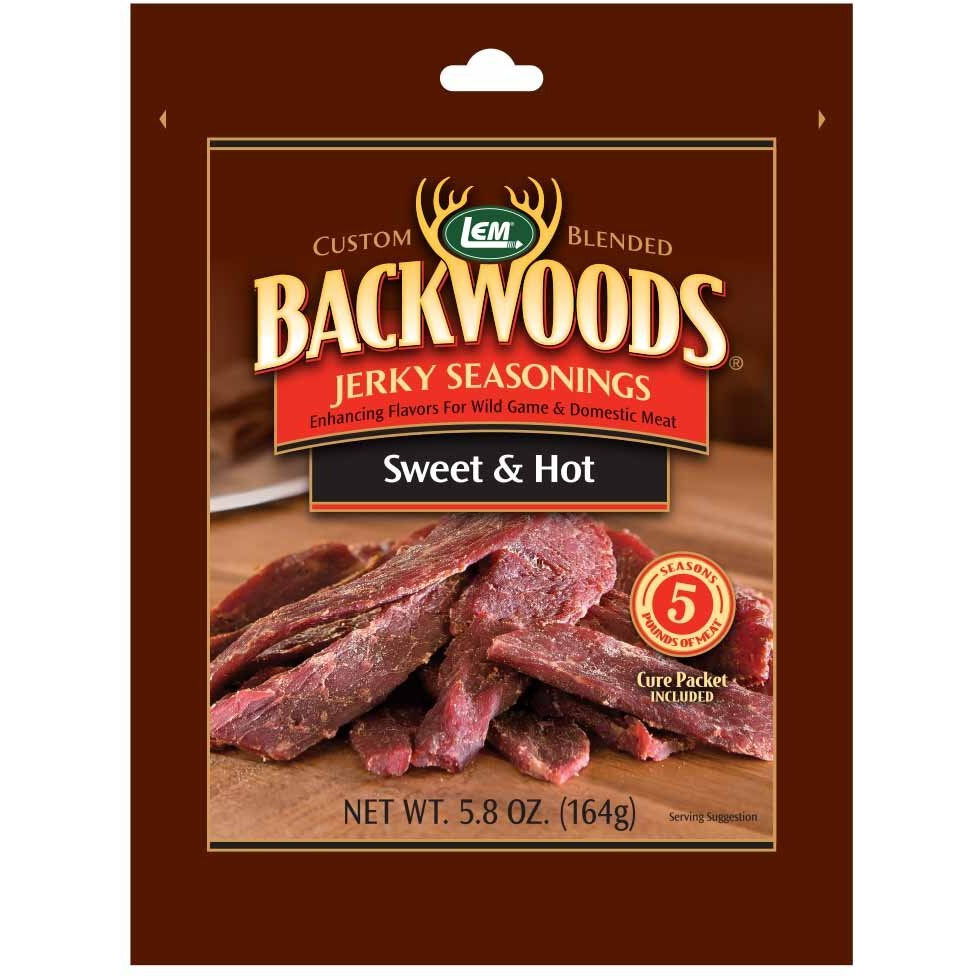 Lem Products Backwoods Sweet & Hot Jerky Seasoning, Ideal For Wild Game And Domestic Meat, Seasons Up To 5 Pounds Of Meat, 5.8 Ounce Packet With Pre-Measured Cure Packet Included