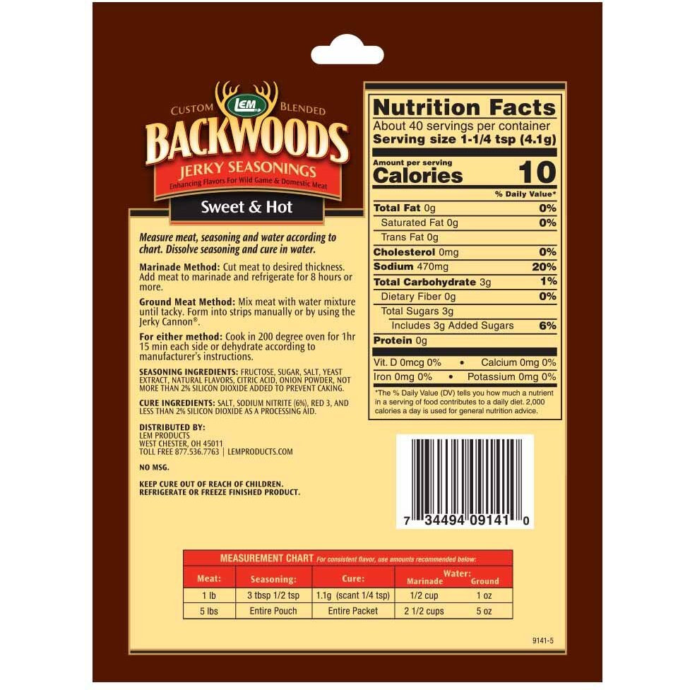 Lem Products Backwoods Sweet & Hot Jerky Seasoning, Ideal For Wild Game And Domestic Meat, Seasons Up To 5 Pounds Of Meat, 5.8 Ounce Packet With Pre-Measured Cure Packet Included