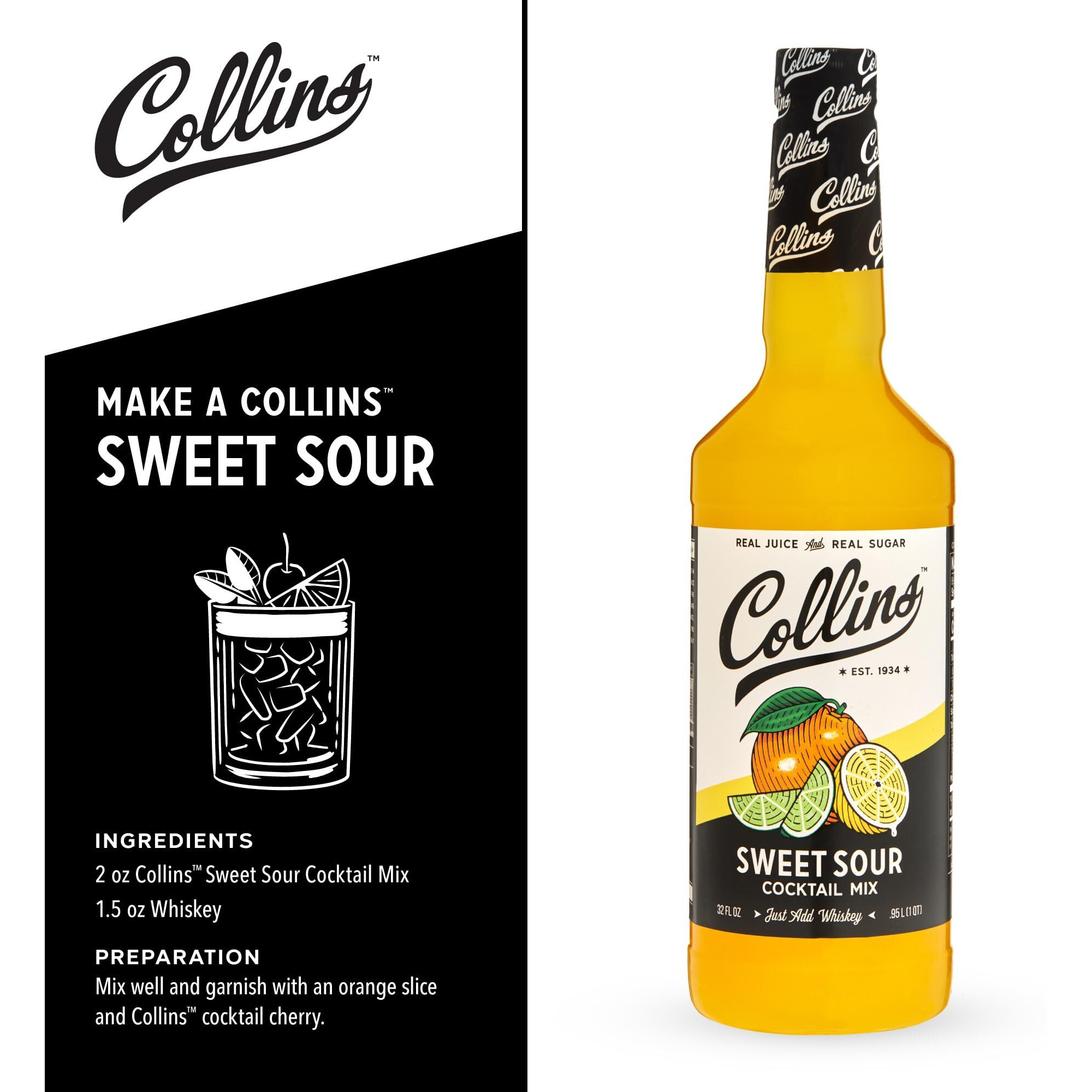 Collins Sweet And Sour Mix Made With Real Orange And Lemon Juice Classic Cocktail Recipe Ingredient, Home Bar Accessories Cocktail Mixers 32 Fl Oz