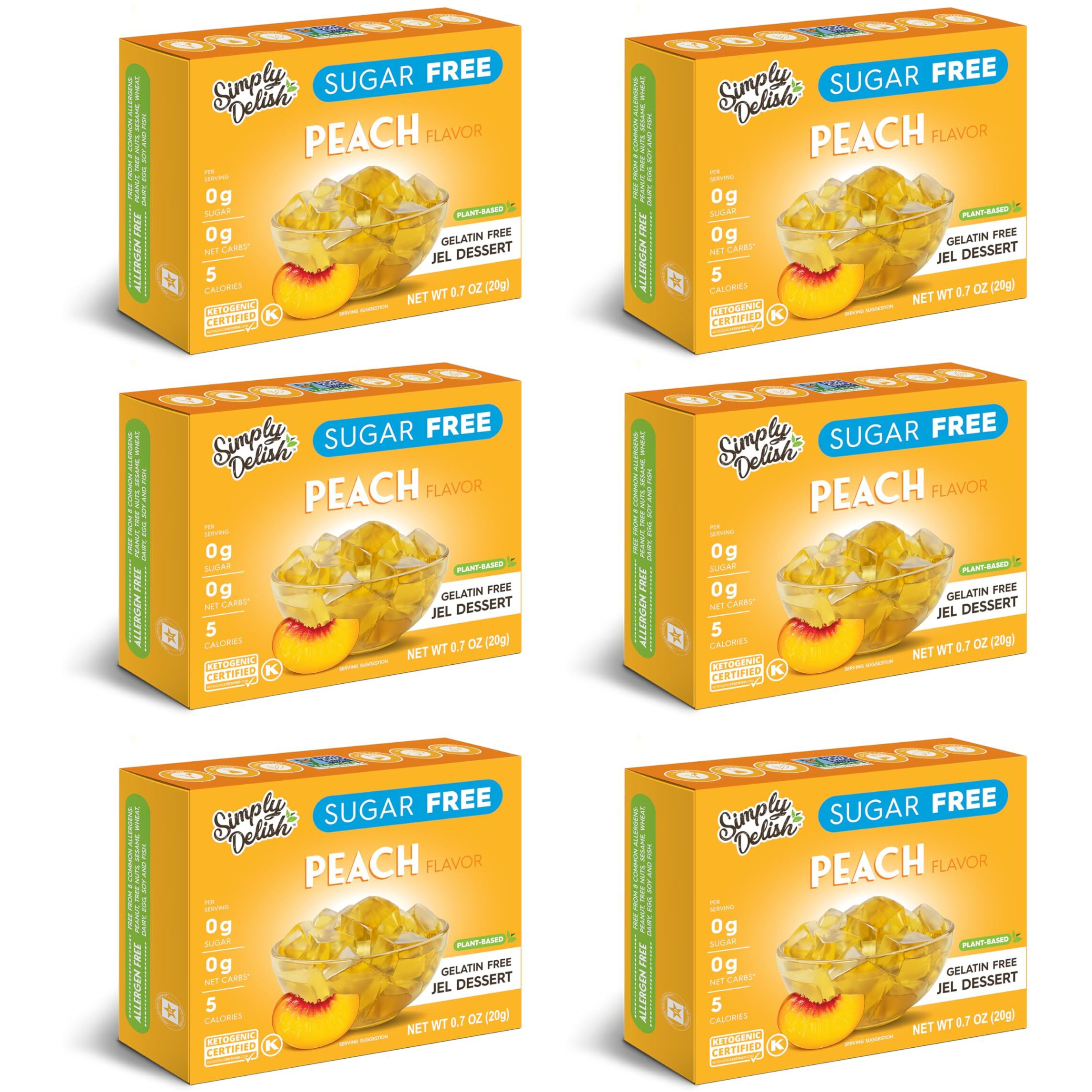 Simply Delish Plant Based Natural Peach Jel Dessert - 6 Pack - Zero Sugar, 0G Net Carbs, Gluten Free, Vegan, Diabetic & Allergen Free