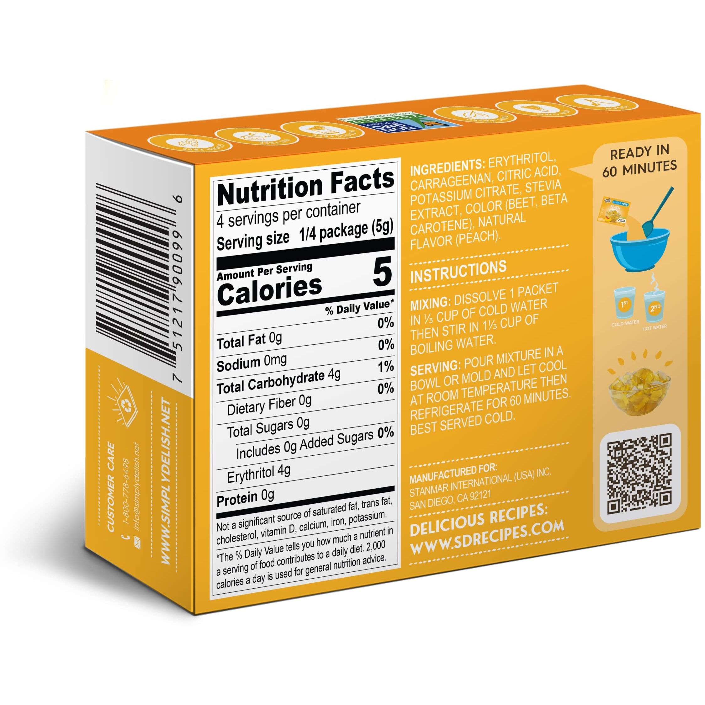 Simply Delish Plant Based Natural Peach Jel Dessert - 6 Pack - Zero Sugar, 0G Net Carbs, Gluten Free, Vegan, Diabetic & Allergen Free