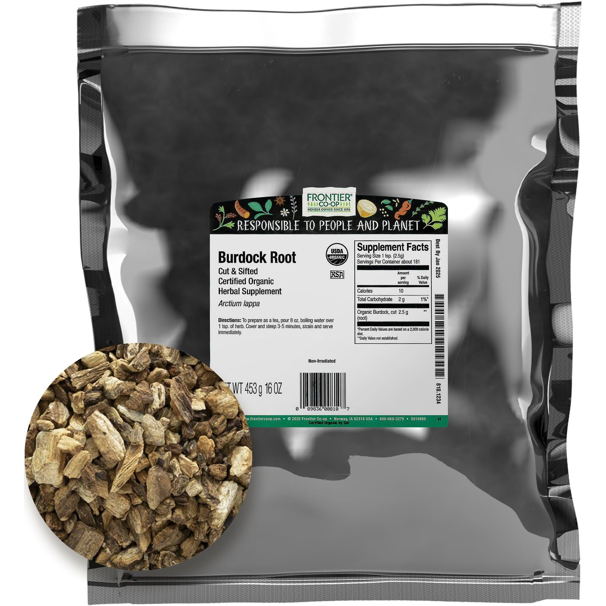 Frontier Organic Burdock Root, 1-Pound Bulk Bag, Common In Root Beer Recipes, Cut & Sifted, Sustainable Grown, Kosher (Packaging May Vary)